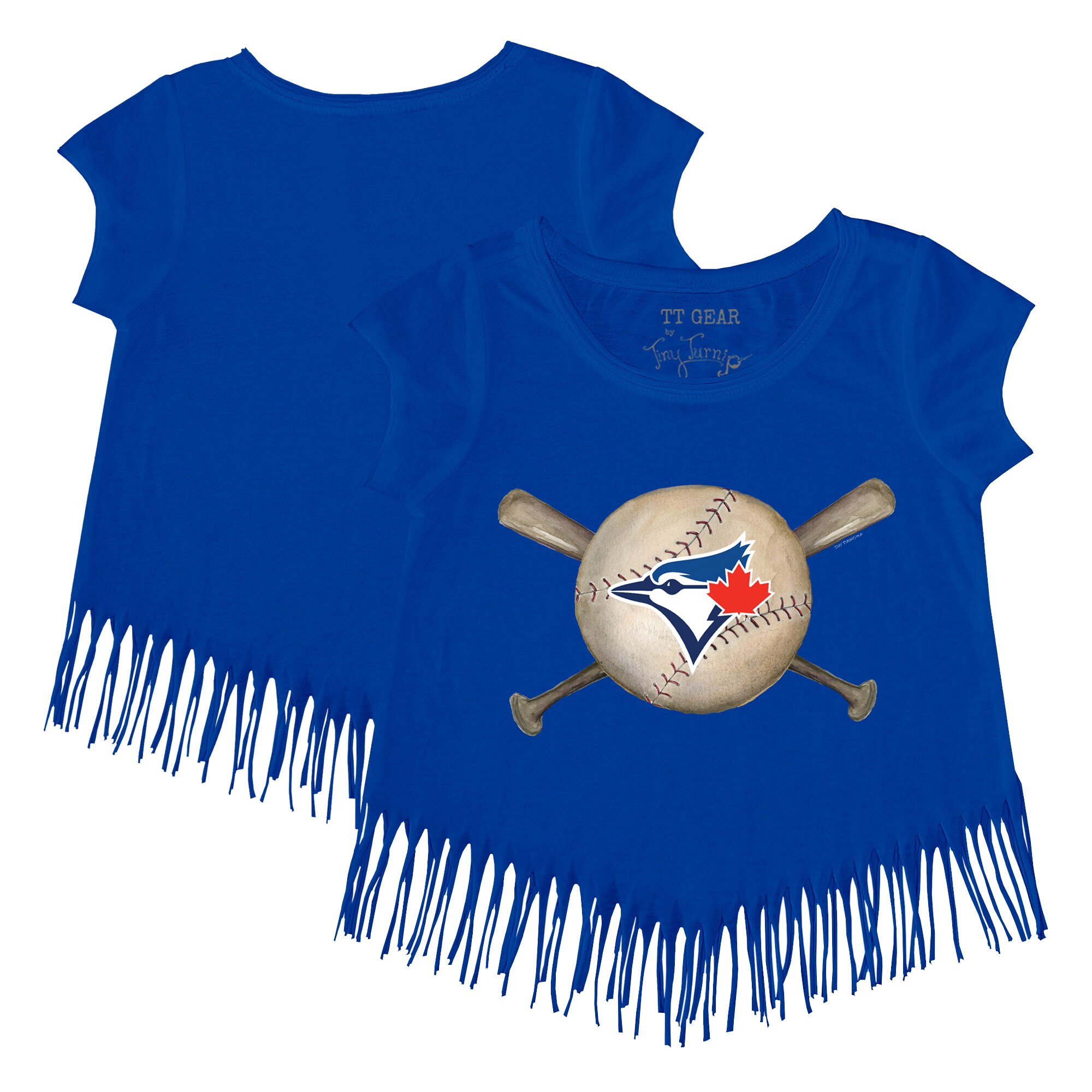 Girls Toddler Toronto Blue Jays Tiny Turnip Royal Baseball Cross Bats Fringe T-Shirt