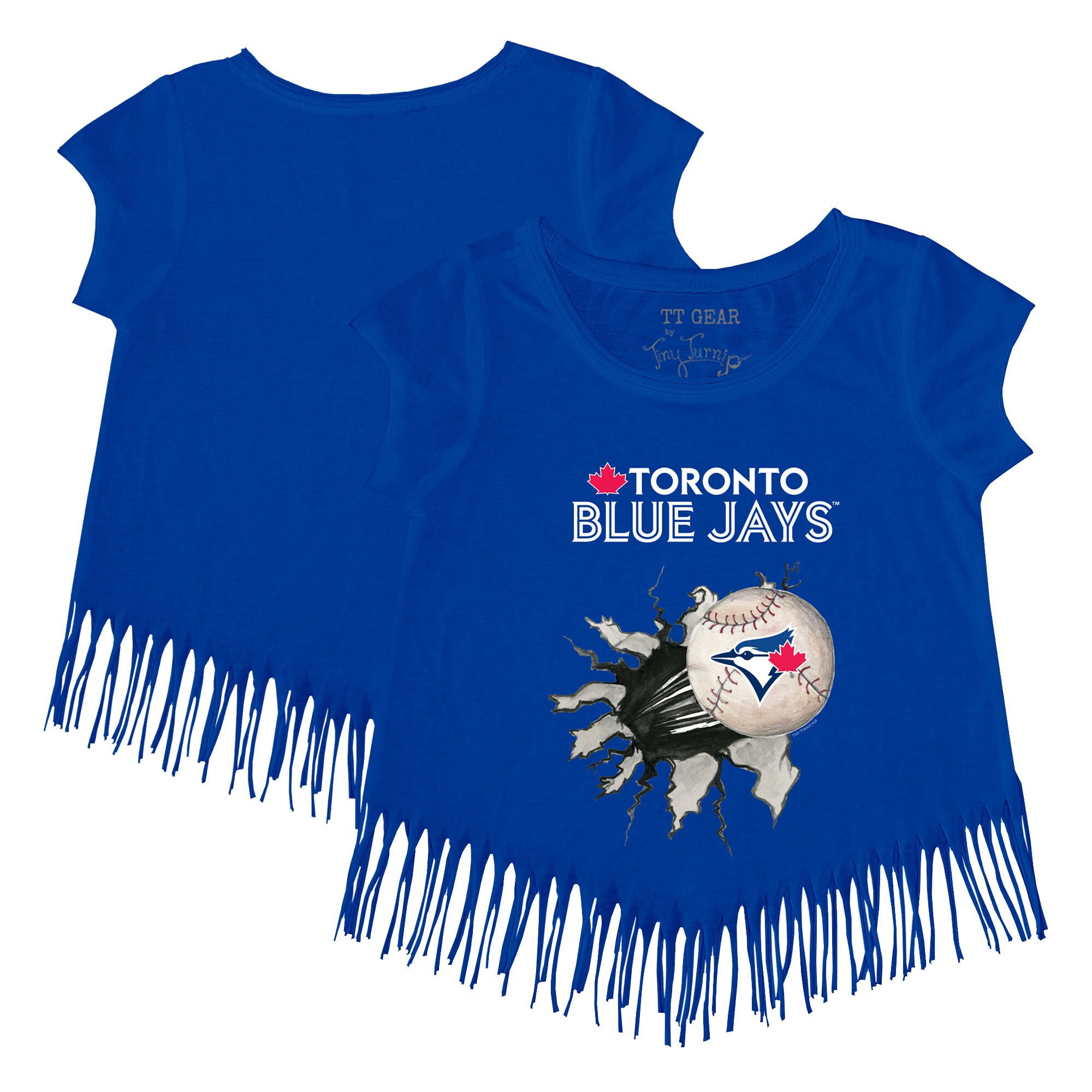 Girls Toddler Toronto Blue Jays Tiny Turnip Royal Baseball Tear Fringe T-Shirt