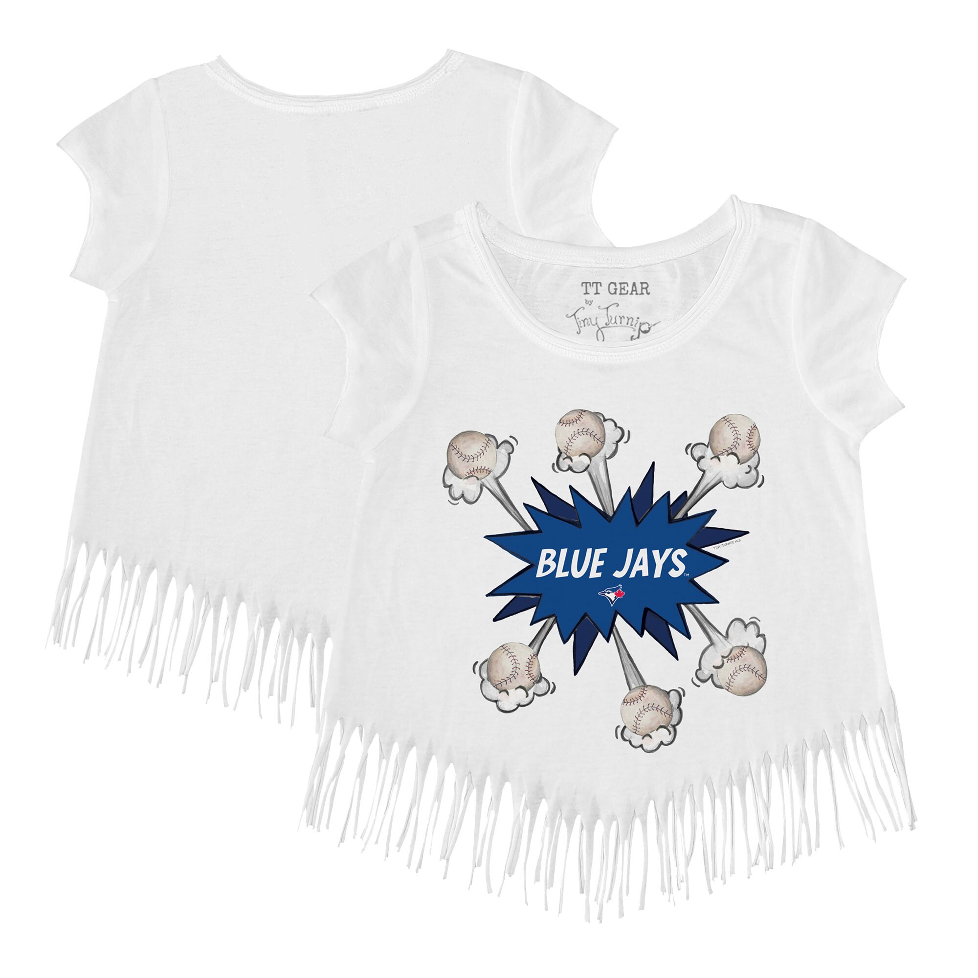Girls Toddler Toronto Blue Jays Tiny Turnip White Baseball Pow Fringe T-Shirt