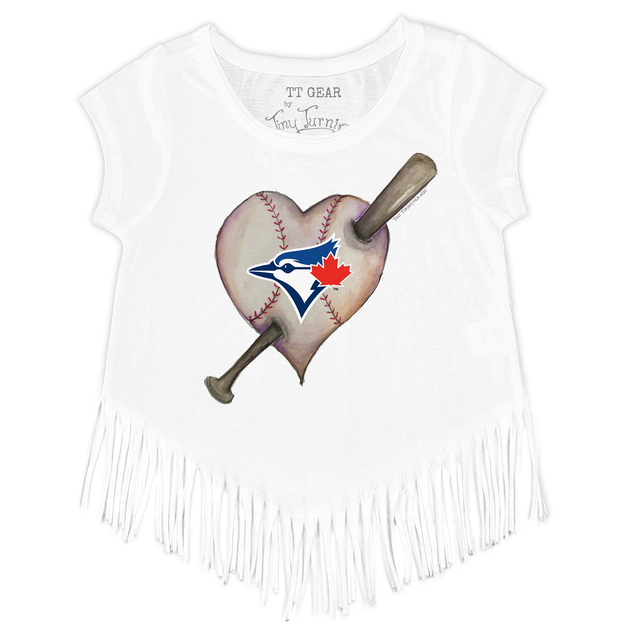 Girls Toddler Toronto Blue Jays Tiny Turnip White Heart Bat Fringe T-Shirt