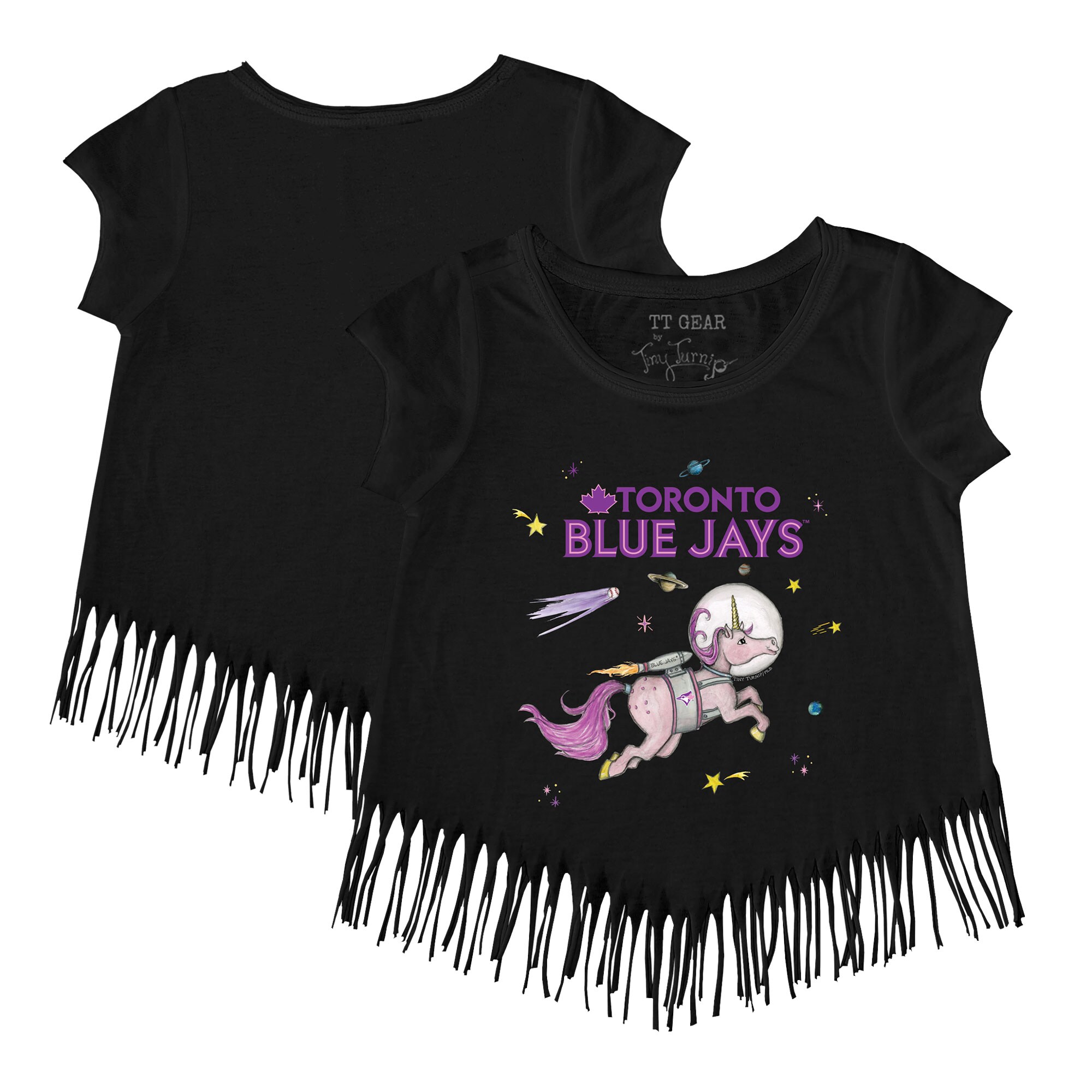 Girls Youth Toronto Blue Jays Tiny Turnip Black Space Unicorn Fringe T-Shirt