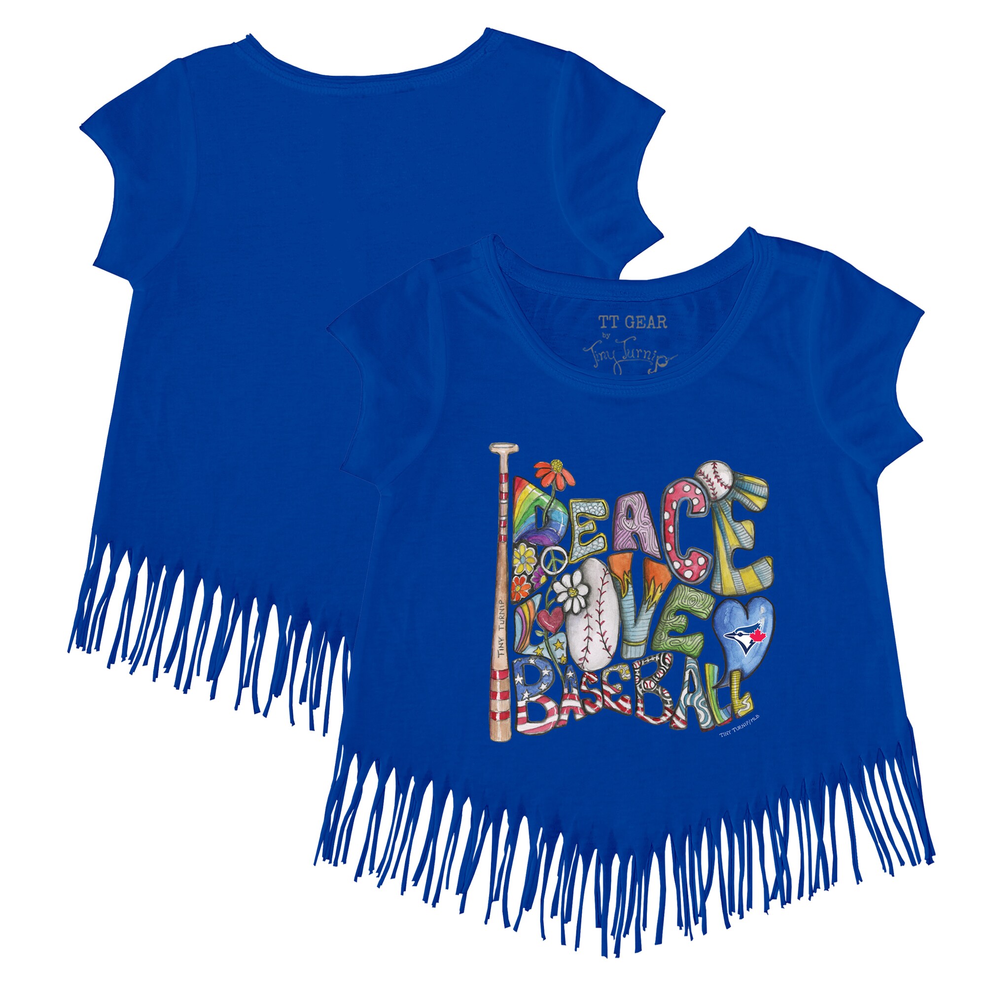 Girls Youth Toronto Blue Jays Tiny Turnip Royal Peace Love Baseball Fringe T-Shirt