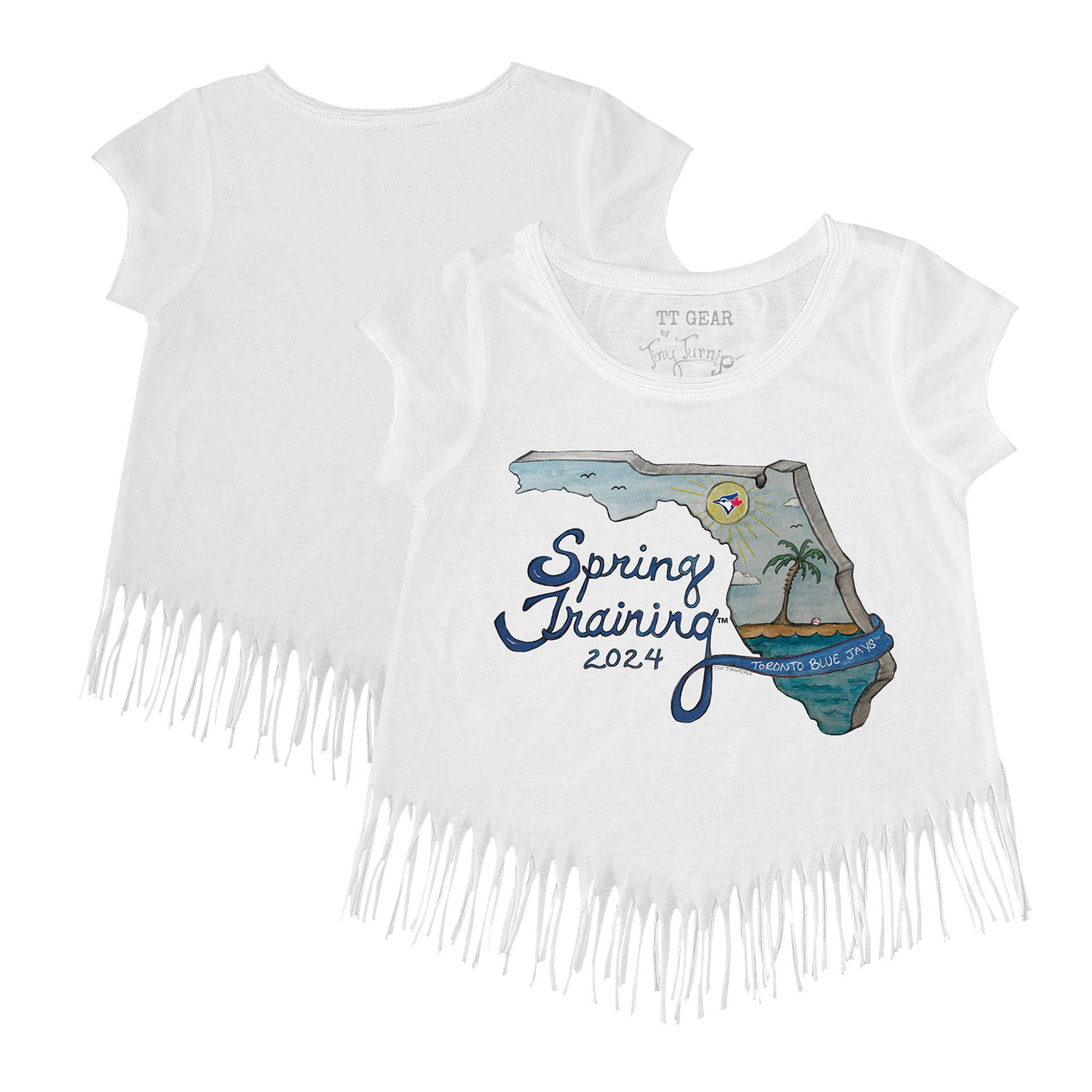 Girls Youth Toronto Blue Jays Tiny Turnip White 2024 Spring Training Grapefruit League Fringe T-Shirt