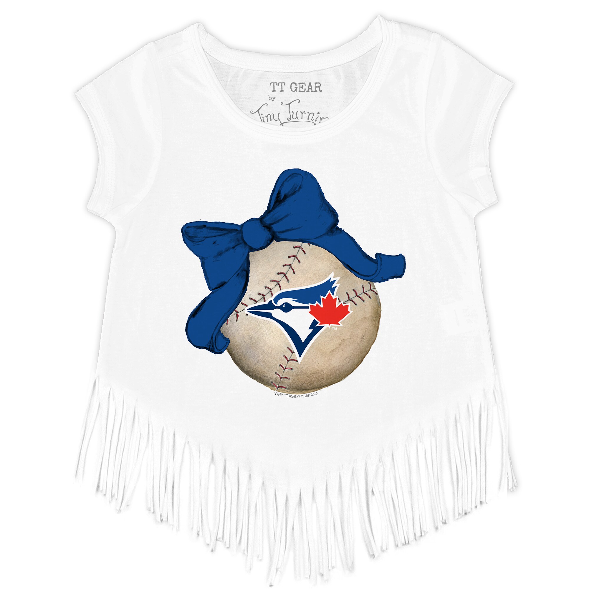 Girls Youth Toronto Blue Jays Tiny Turnip White Baseball Bow Fringe T-Shirt