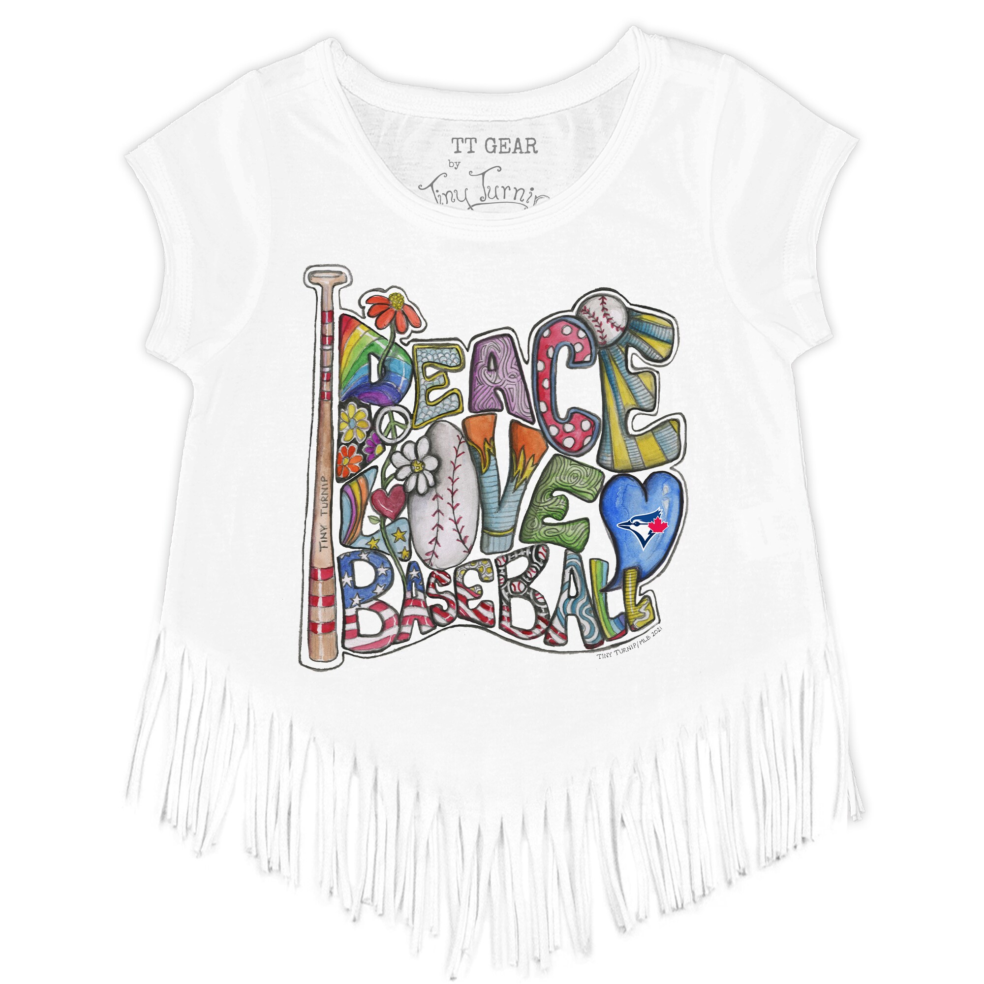 Girls Youth Toronto Blue Jays Tiny Turnip White Peace Love Baseball Fringe T-Shirt