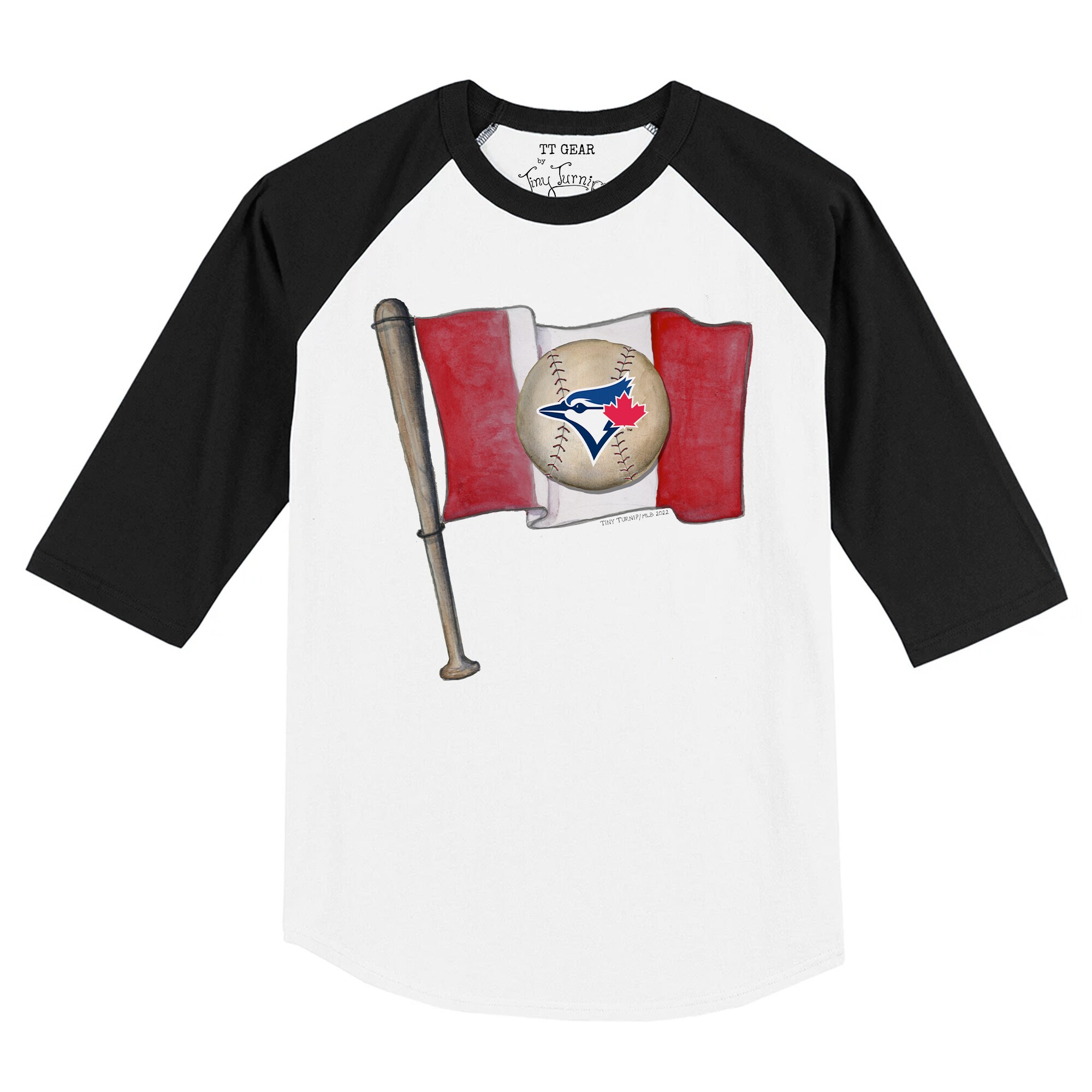 Infant Toronto Blue Jays Tiny Turnip White/Black Baseball Flag Raglan 3/4 Sleeve T-Shirt