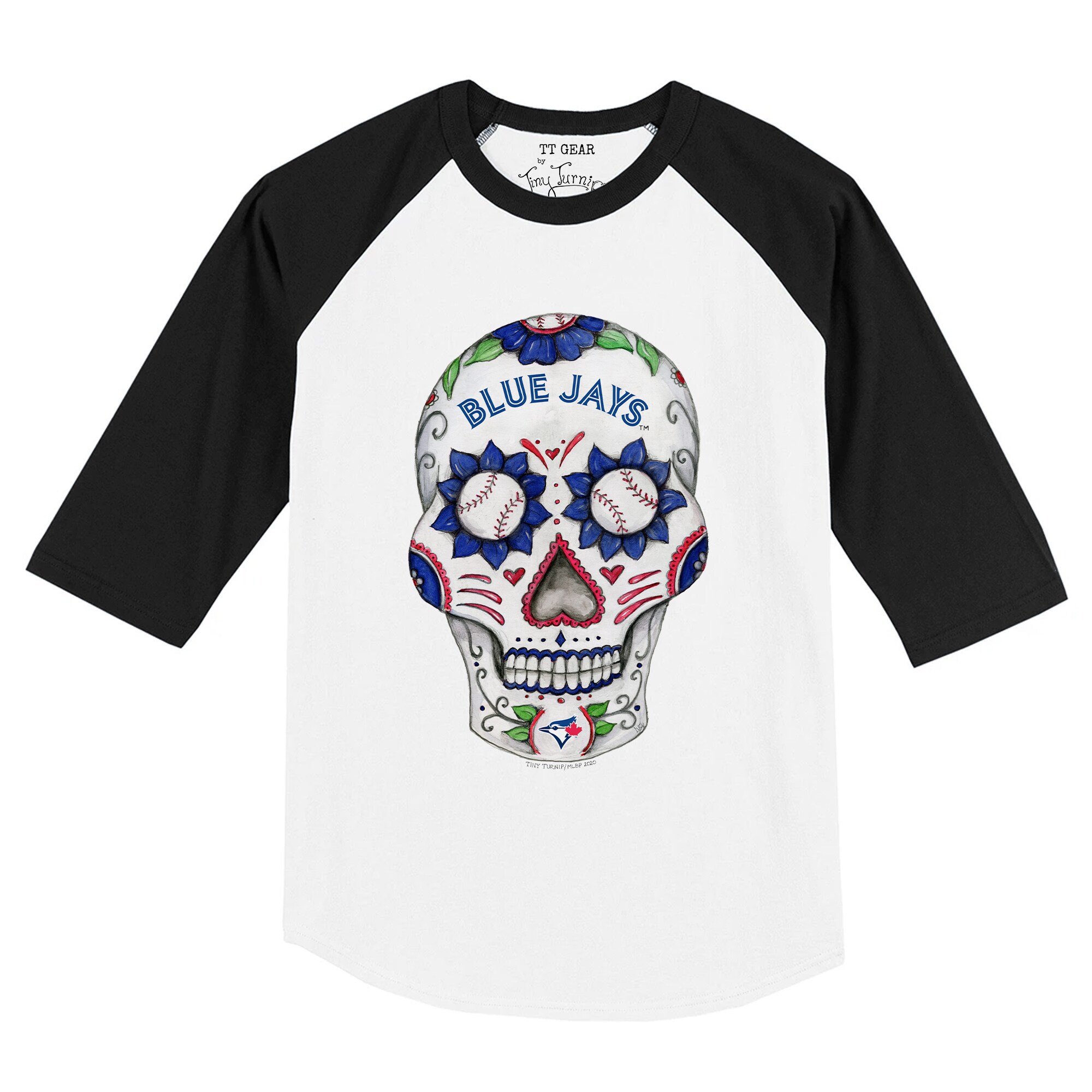 Infant Toronto Blue Jays Tiny Turnip White/Black Sugar Skull Raglan 3/4 Sleeve T-Shirt