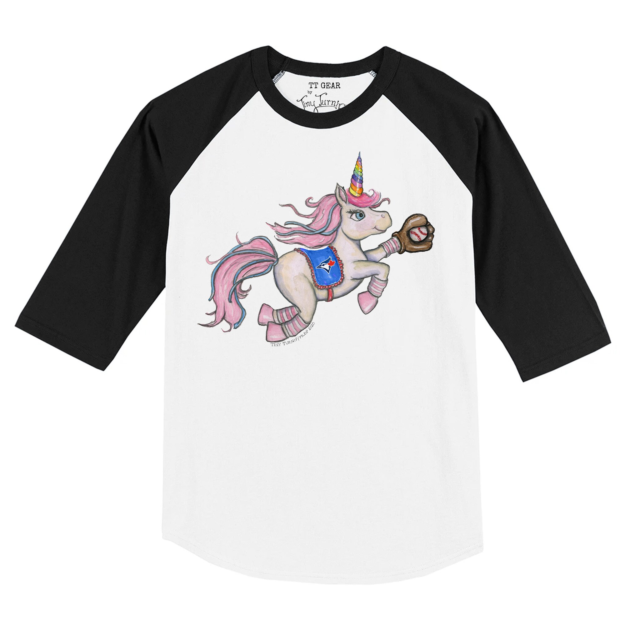 Infant Toronto Blue Jays Tiny Turnip White/Black Unicorn Raglan 3/4 Sleeve T-Shirt
