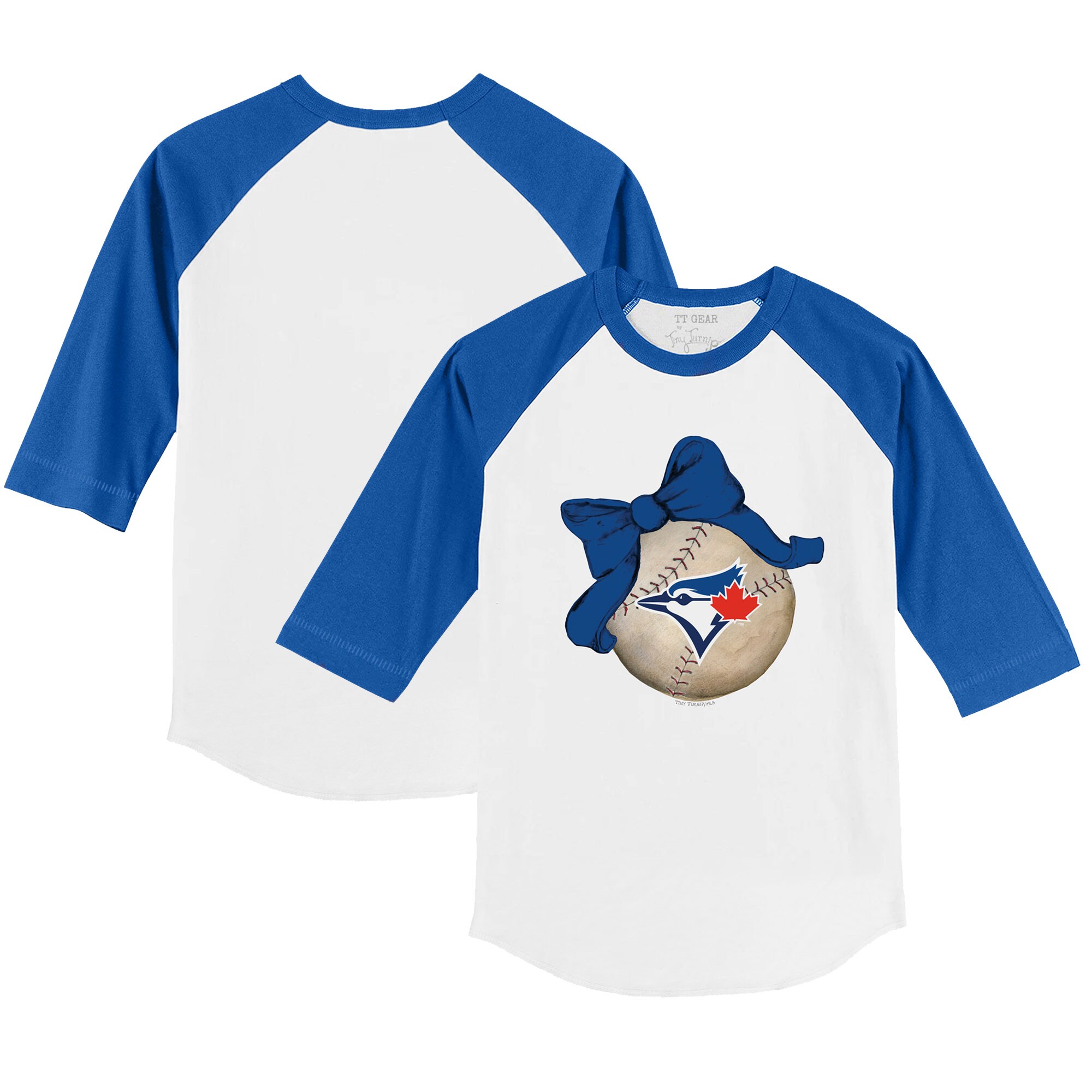Infant Toronto Blue Jays Tiny Turnip White/Royal Baseball Bow Raglan 3/4 Sleeve T-Shirt