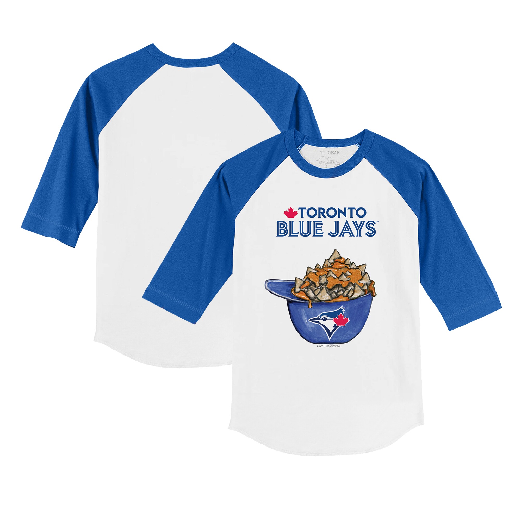 Infant Toronto Blue Jays Tiny Turnip White/Royal Nacho Helmet Raglan 3/4 Sleeve T-Shirt