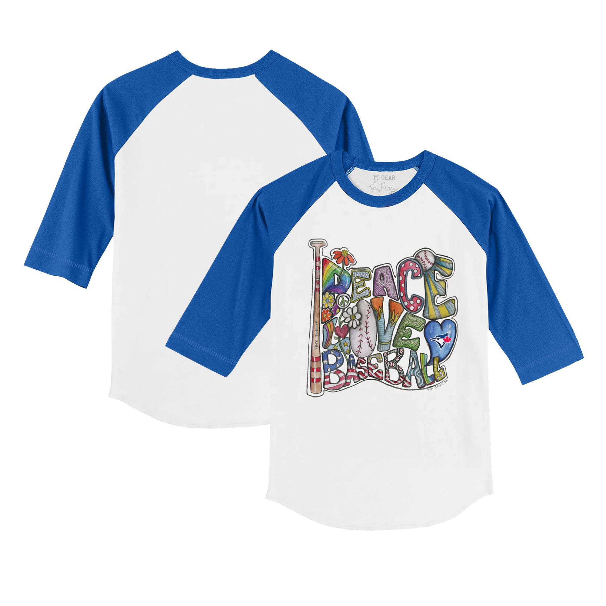Infant Toronto Blue Jays Tiny Turnip White/Royal Peace Love Baseball Raglan 3/4 Sleeve T-Shirt