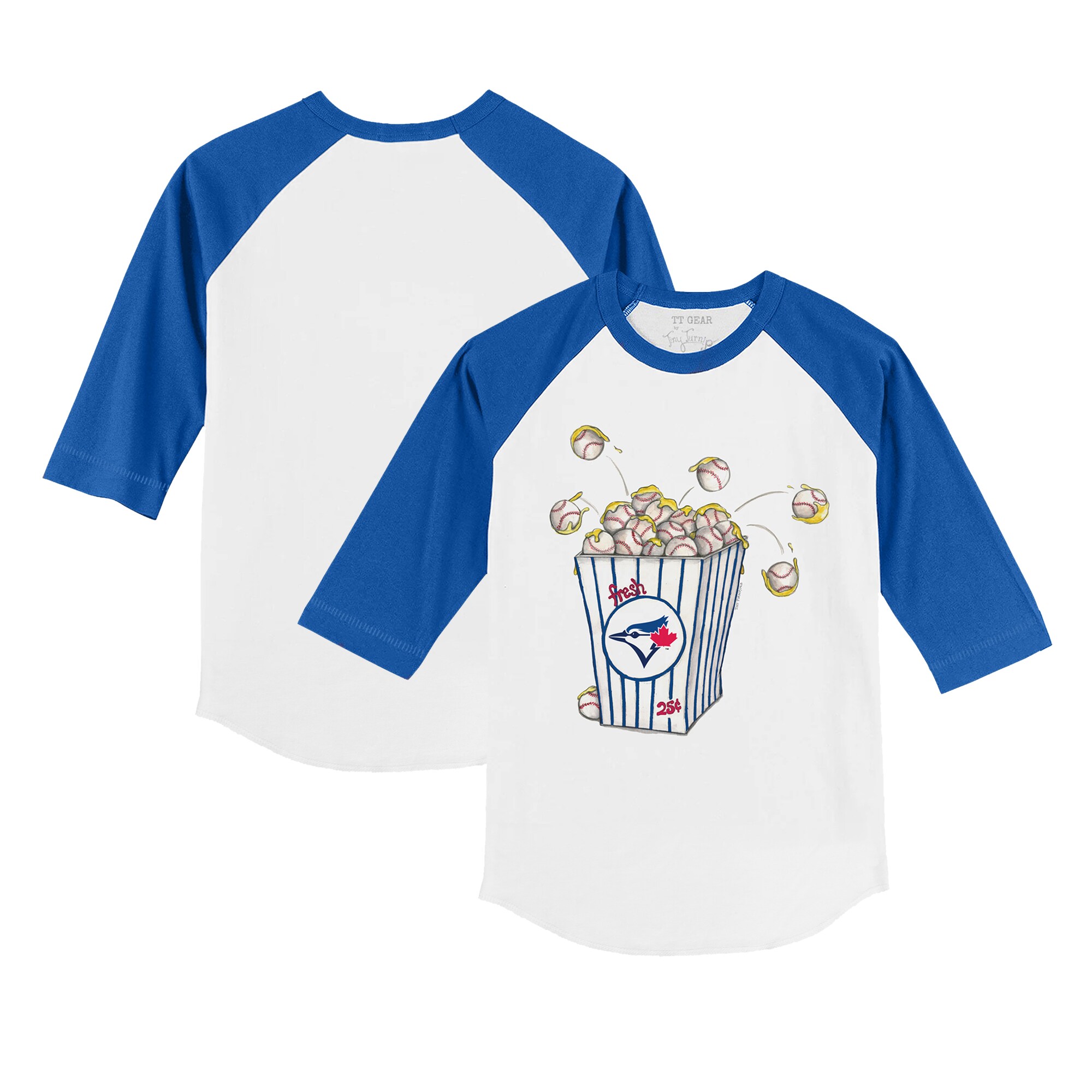 Infant Toronto Blue Jays Tiny Turnip White/Royal Popcorn Raglan 3/4 Sleeve T-Shirt