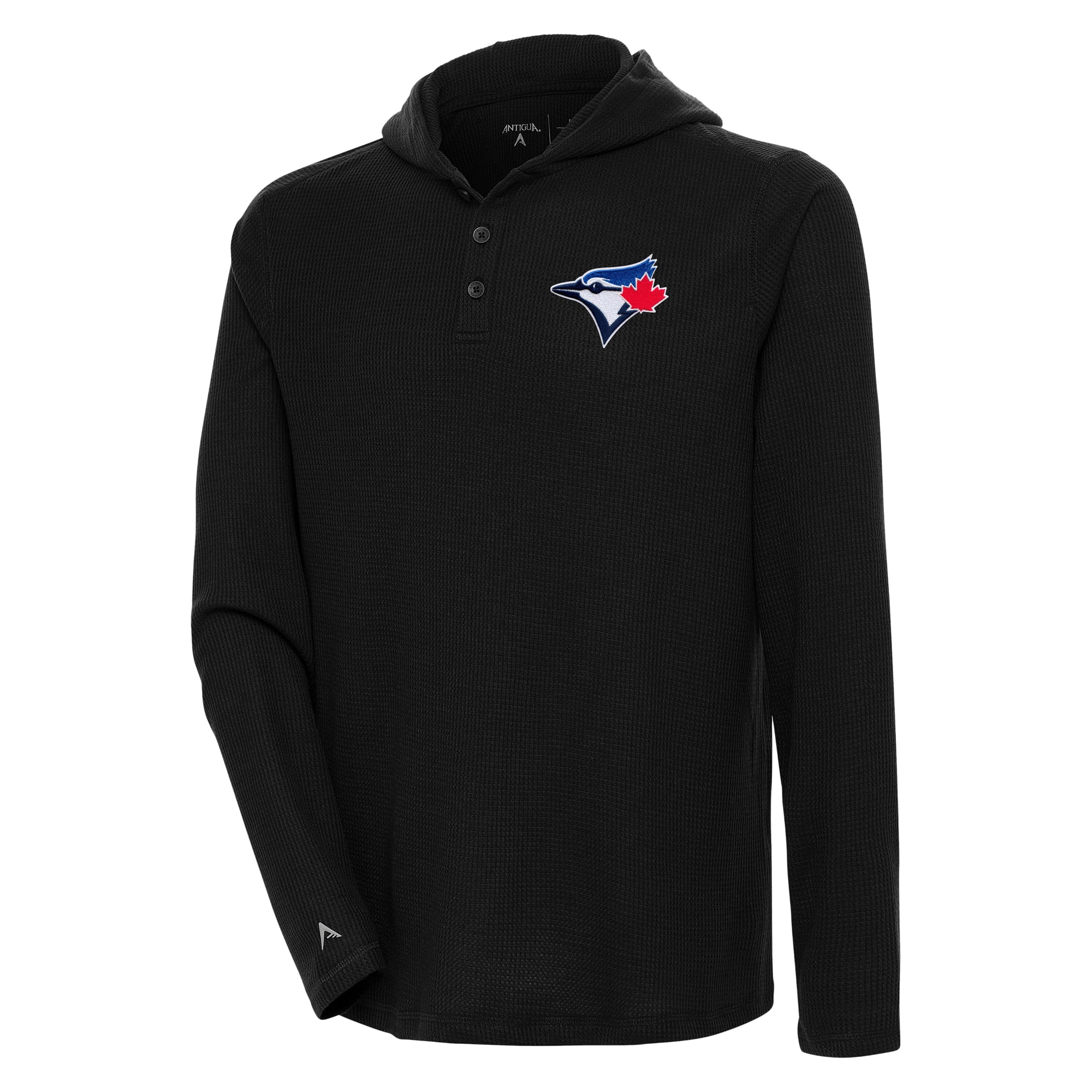 Men's Toronto Blue Jays  Antigua Black Strong Hold Long Sleeve Henley Hoodie T-Shirt
