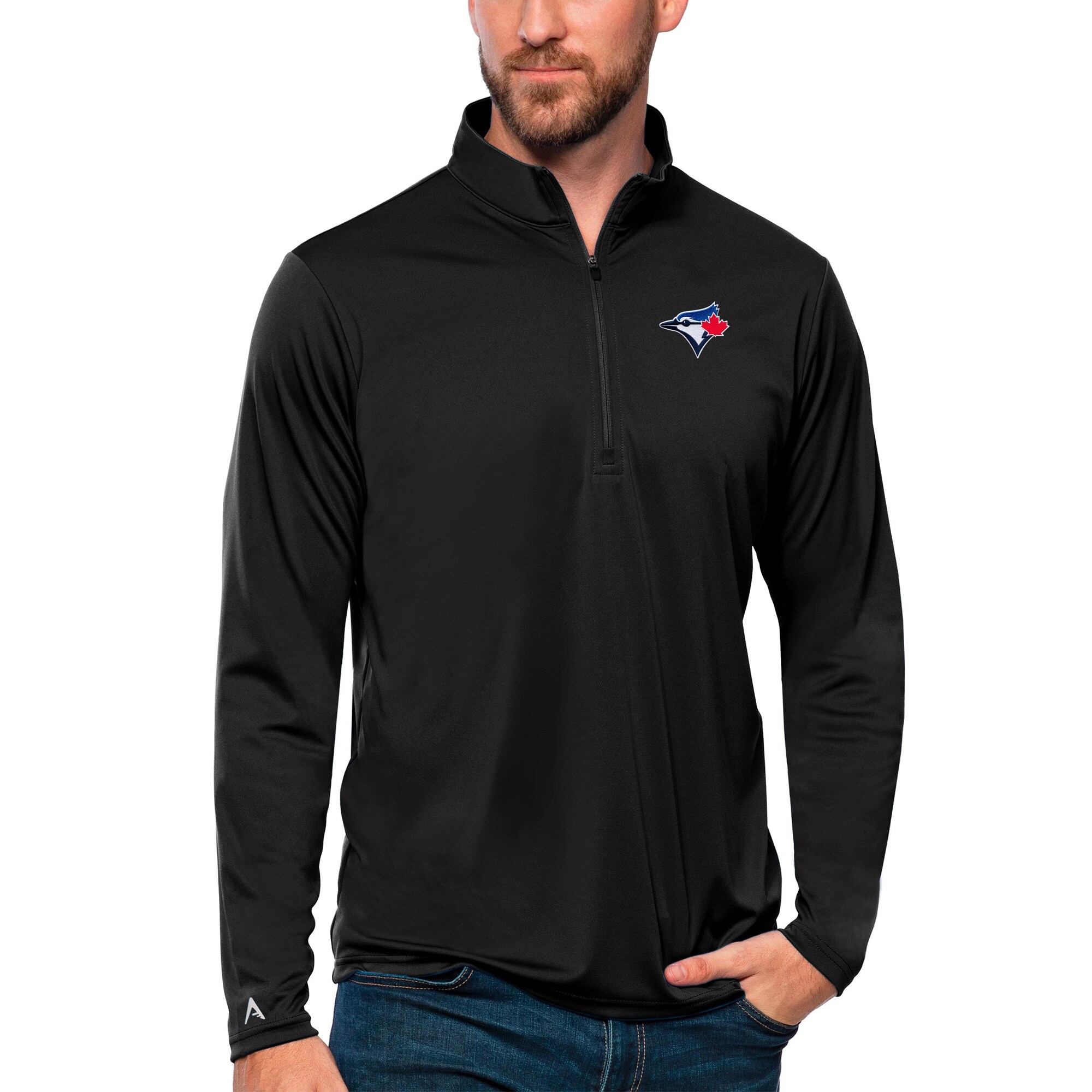 Men's Toronto Blue Jays Antigua Black Tribute Quarter-Zip Pullover Top
