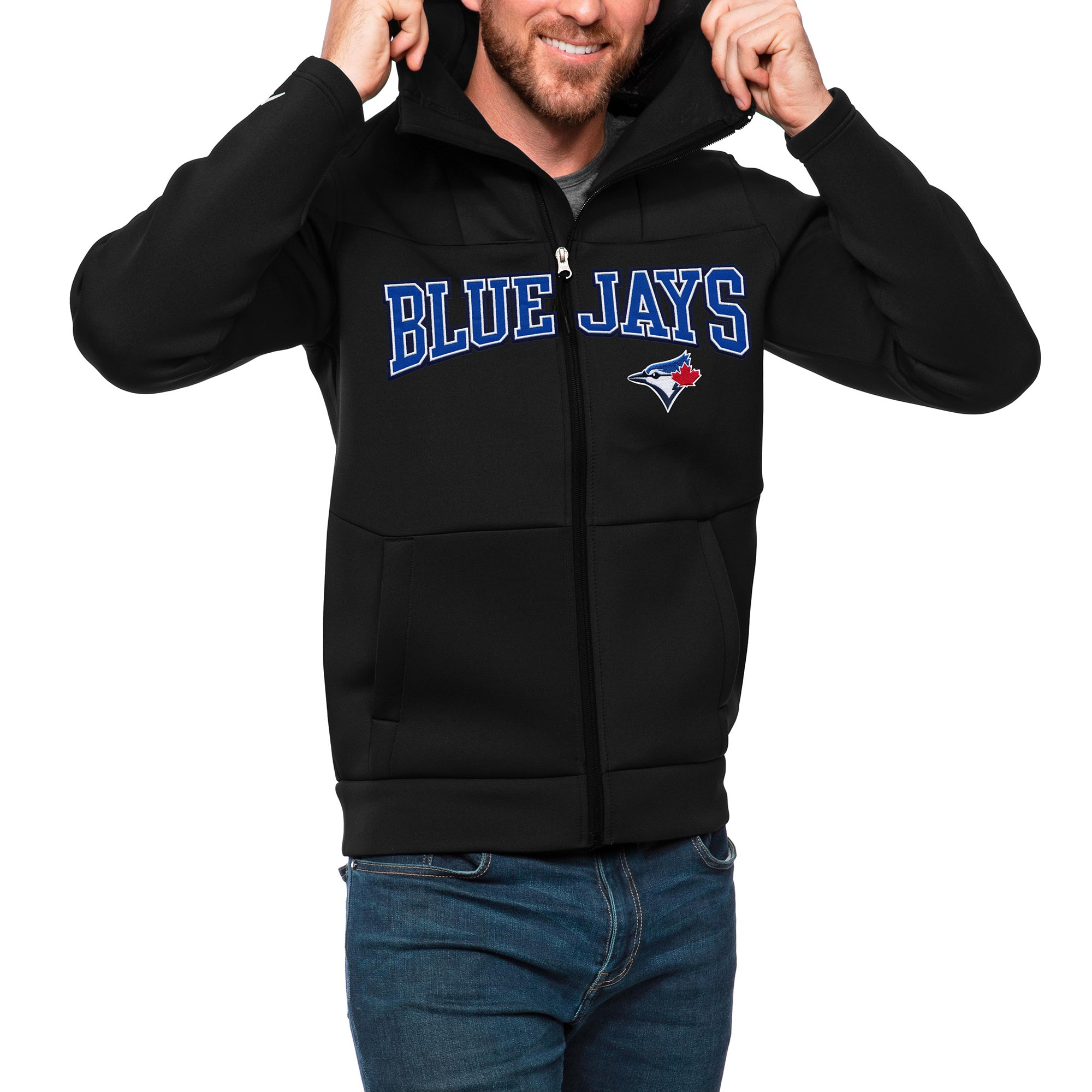 Men's Toronto Blue Jays Antigua Black Wordmark Protect Full-Zip Hoodie