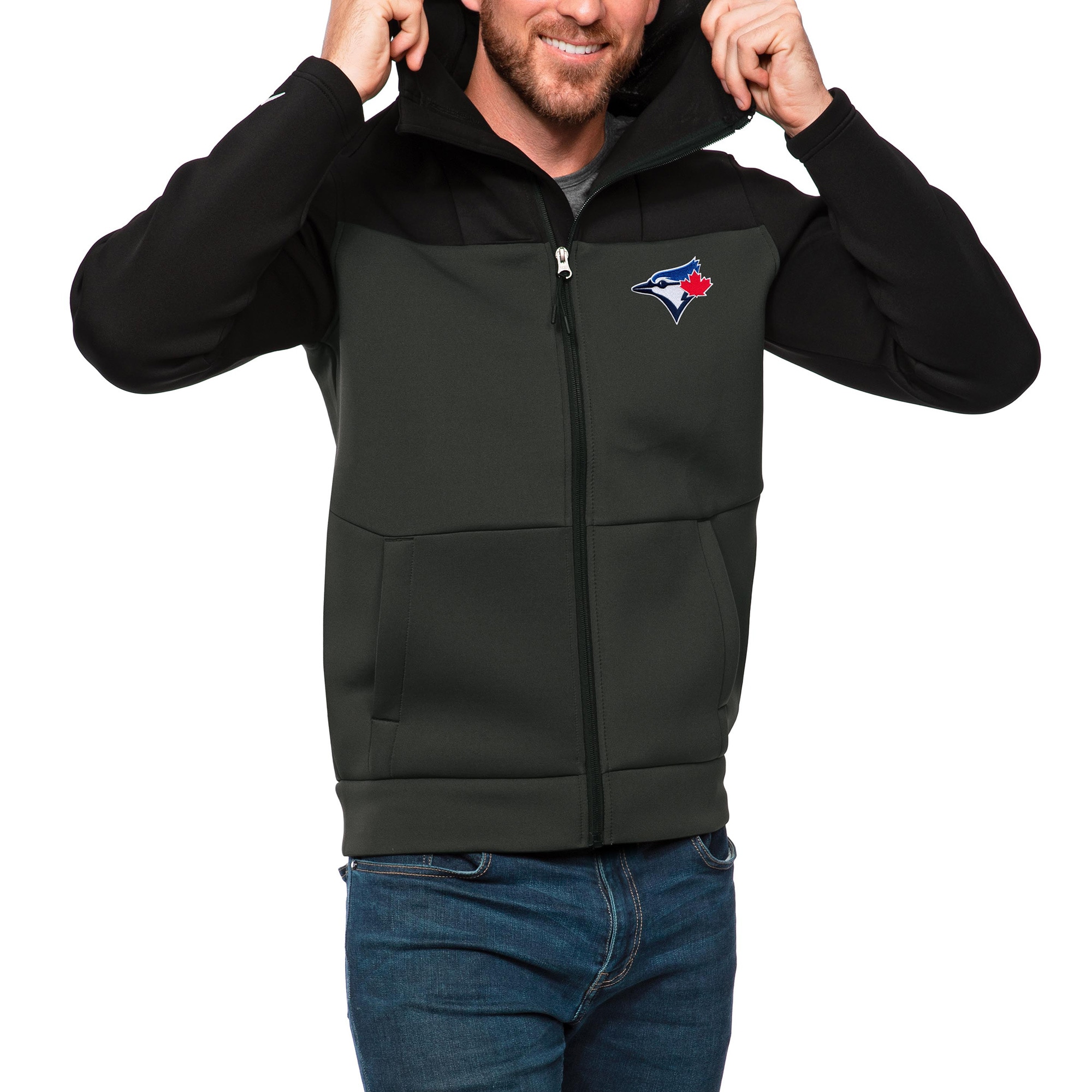 Men's Toronto Blue Jays Antigua Black/Charcoal Protect Full-Zip Hoodie