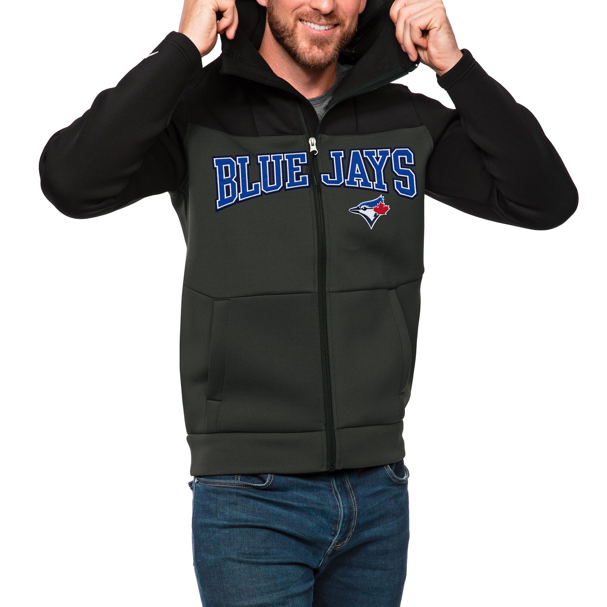Men's Toronto Blue Jays Antigua Black/Charcoal Wordmark Protect Full-Zip Hoodie
