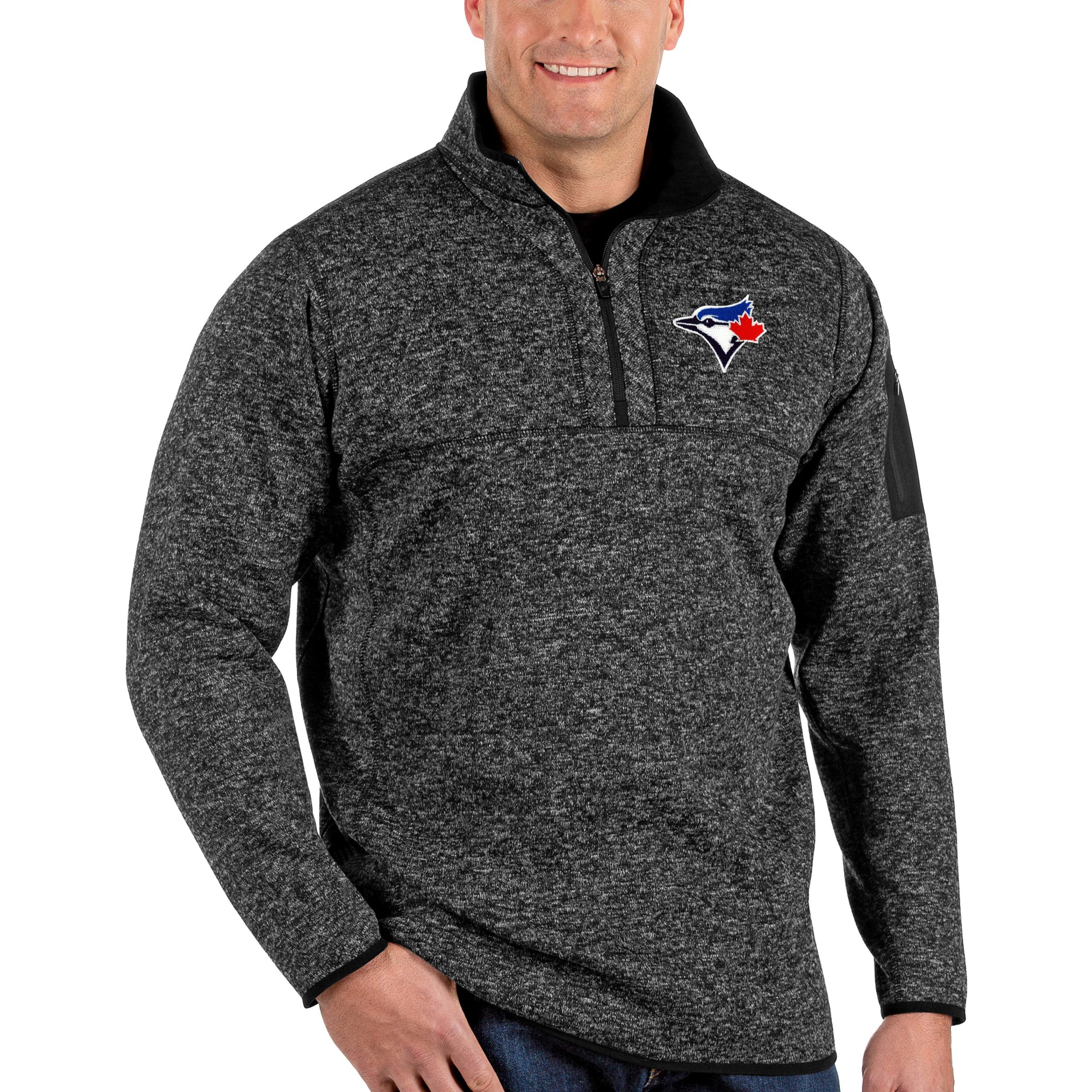 Men's Toronto Blue Jays Antigua Heather Black Fortune Big & Tall Quarter-Zip Pullover Jacket