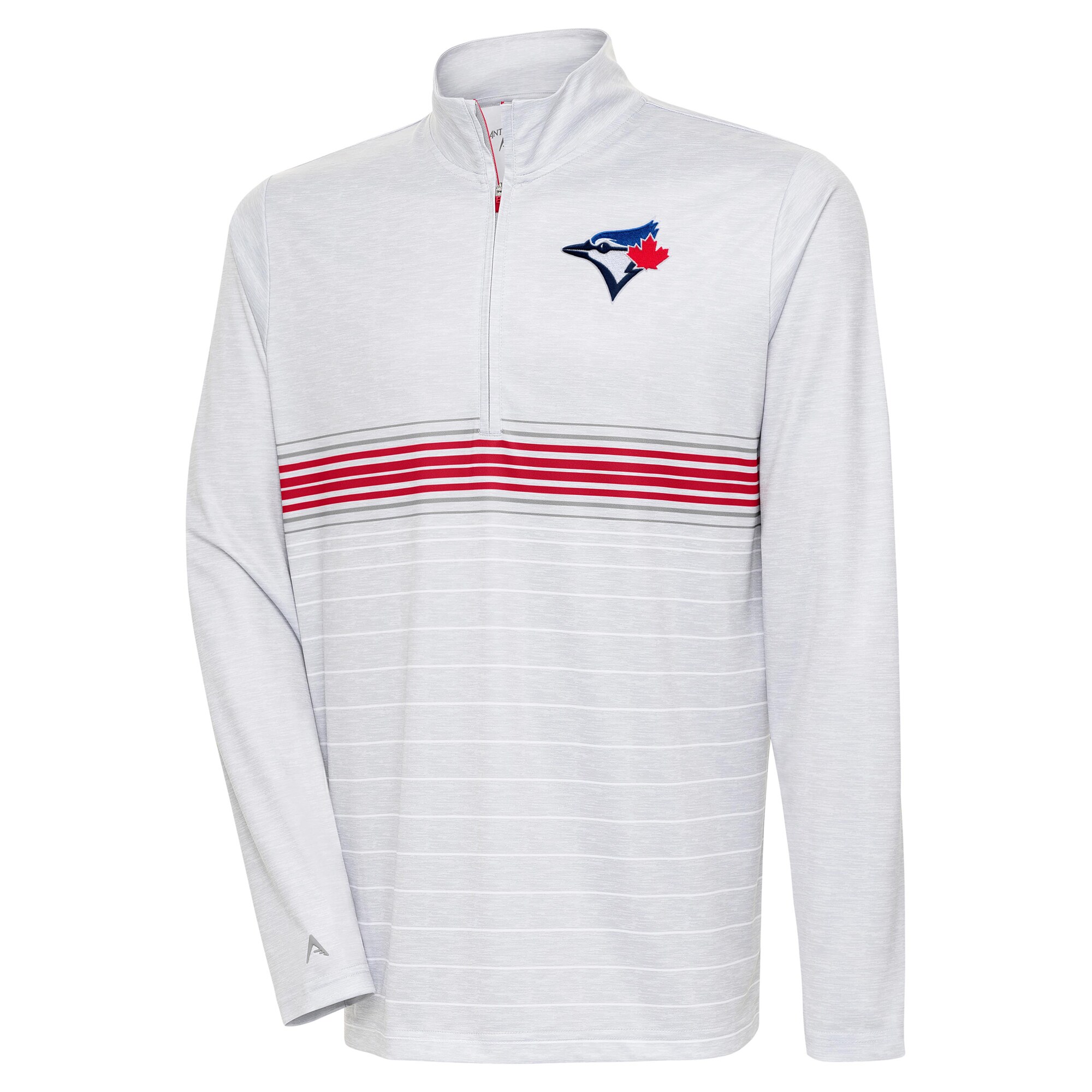 Men's Toronto Blue Jays Antigua Heather Gray/Red Bullseye Quarter-Zip Pullover Top