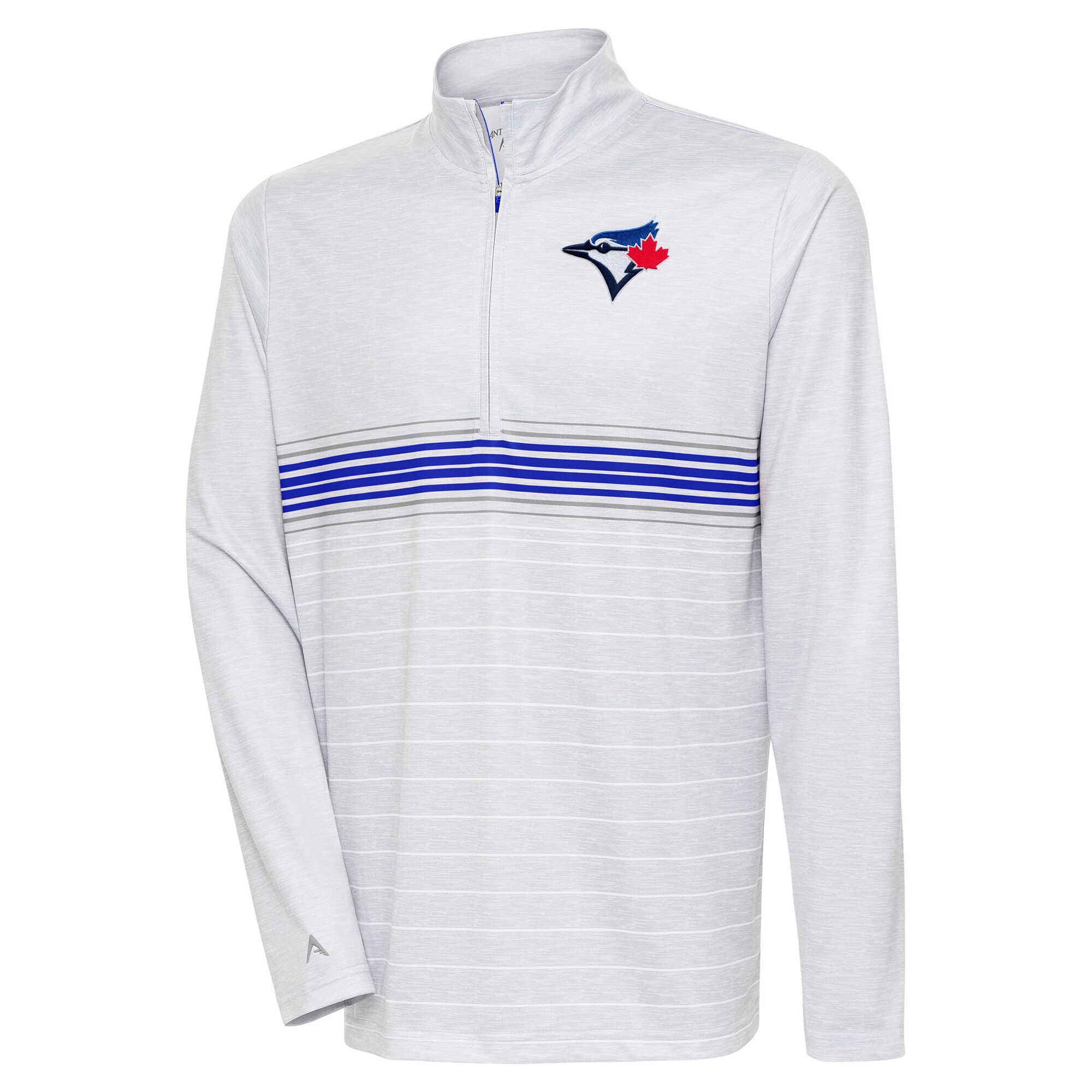 Men's Toronto Blue Jays Antigua Heather Gray/Royal Bullseye Quarter-Zip Pullover Top