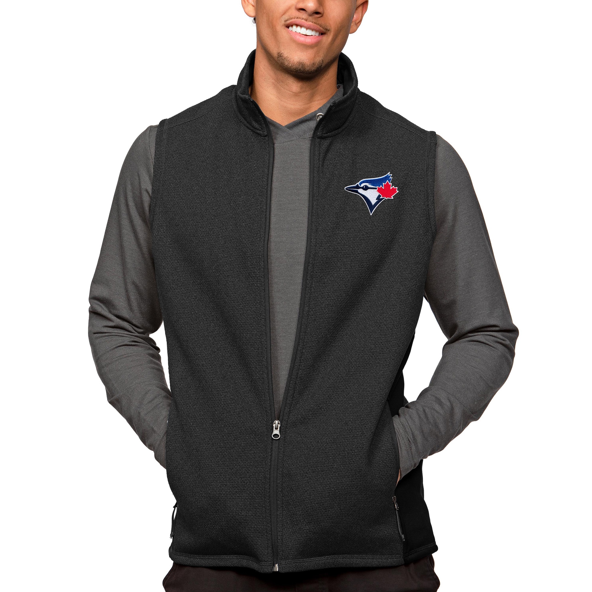 Men's Toronto Blue Jays Antigua Heathered Black Course Full-Zip Vest