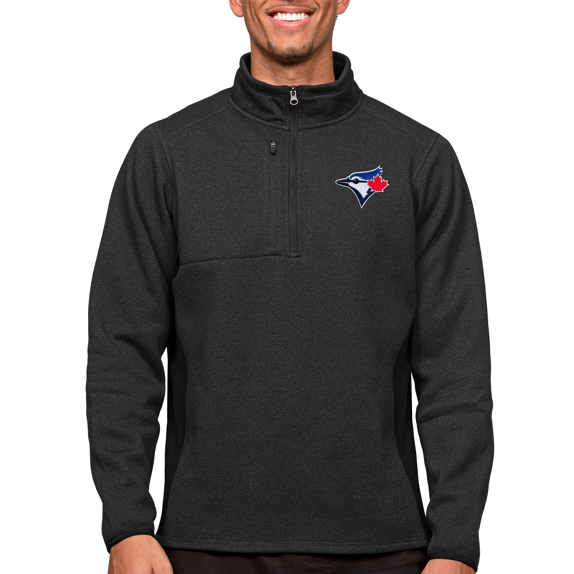 Men's Toronto Blue Jays Antigua Heathered Black Course Quarter-Zip Pullover Top