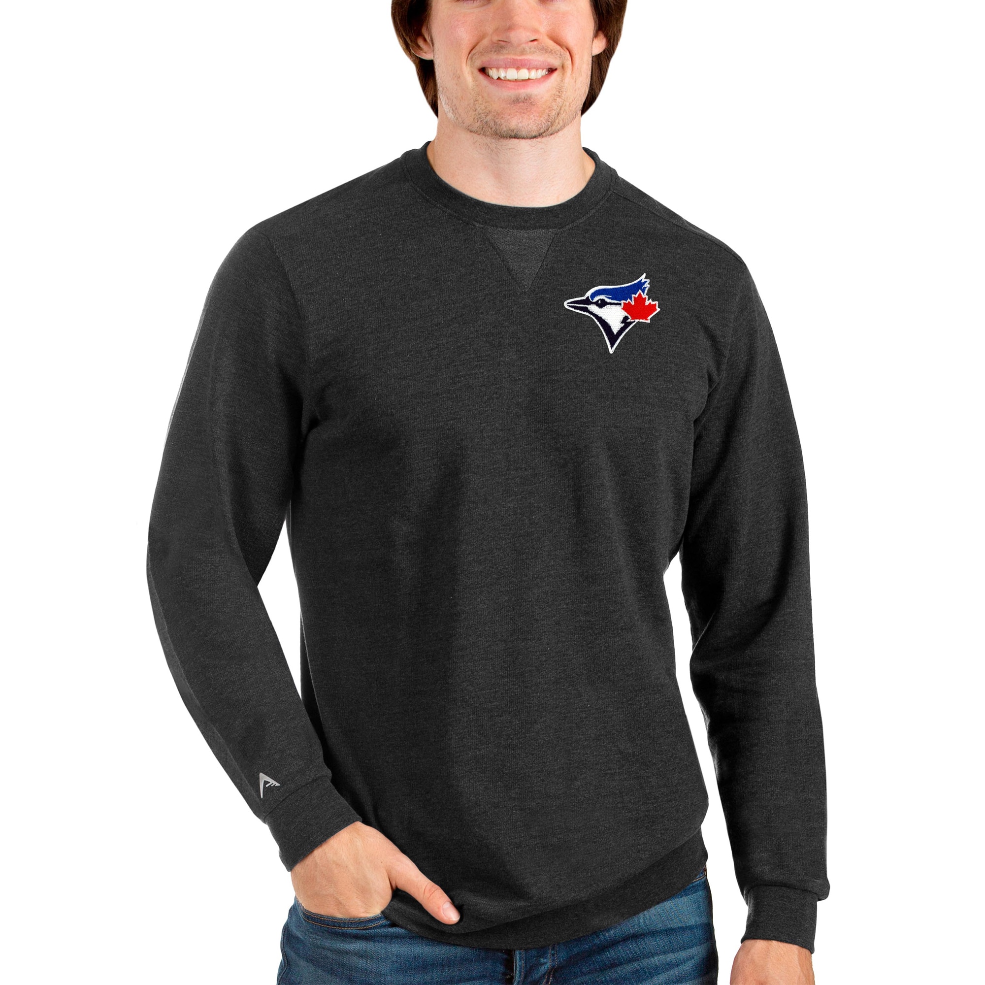 Men's Toronto Blue Jays Antigua Heathered Black Reward Crewneck Pullover Sweatshirt