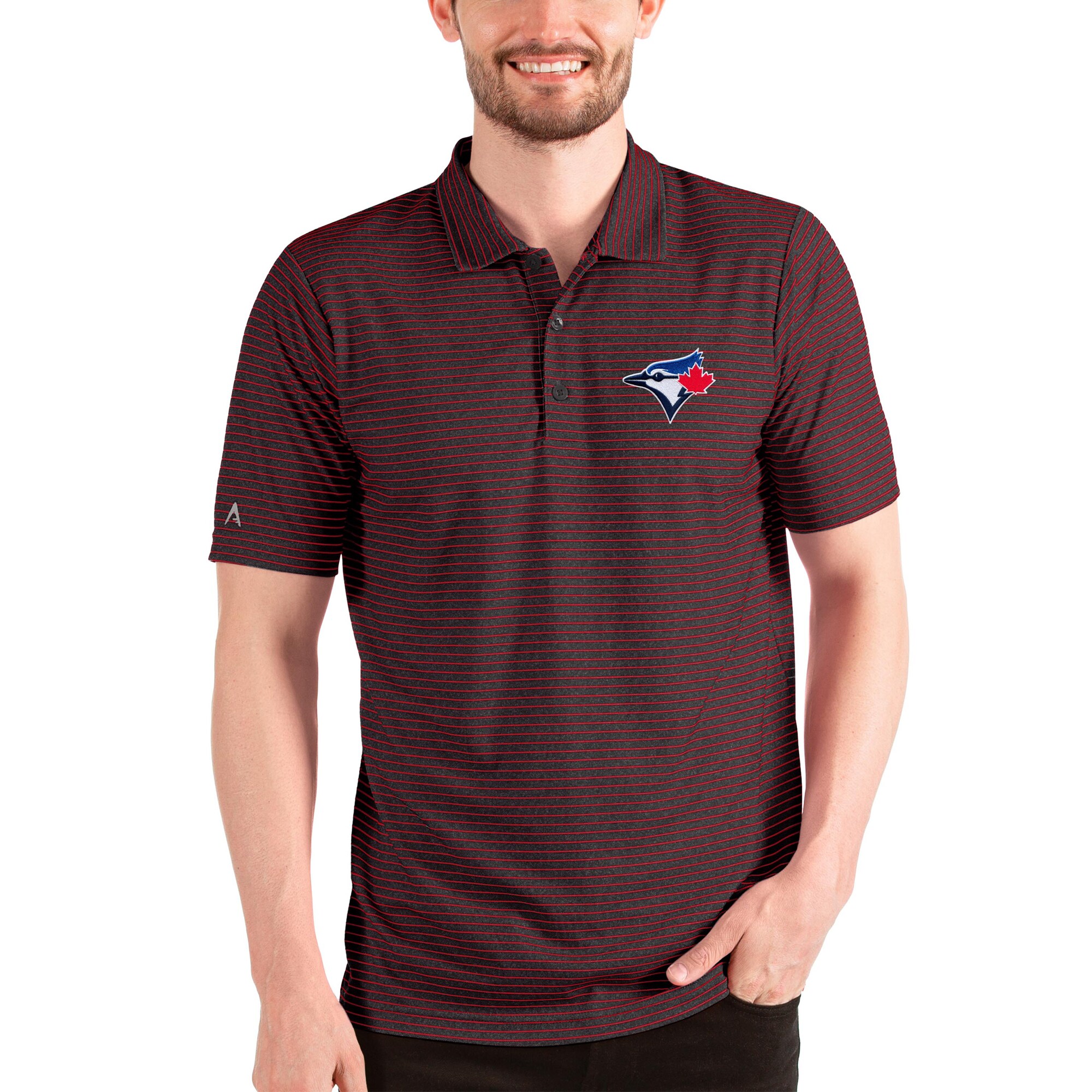 Men's Toronto Blue Jays Antigua Heathered Black/Red Esteem Polo