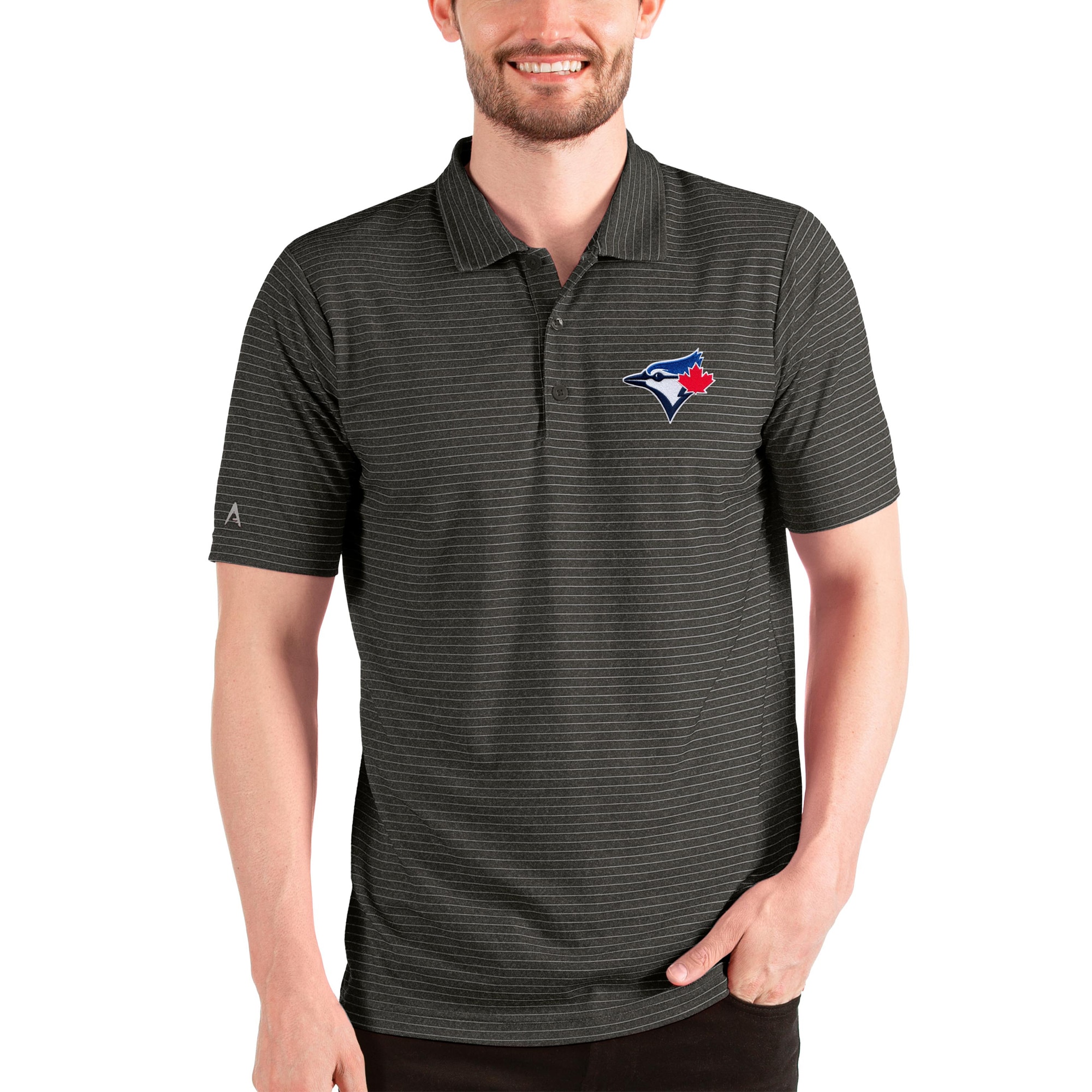 Men's Toronto Blue Jays Antigua Heathered Black/Silver Esteem Polo