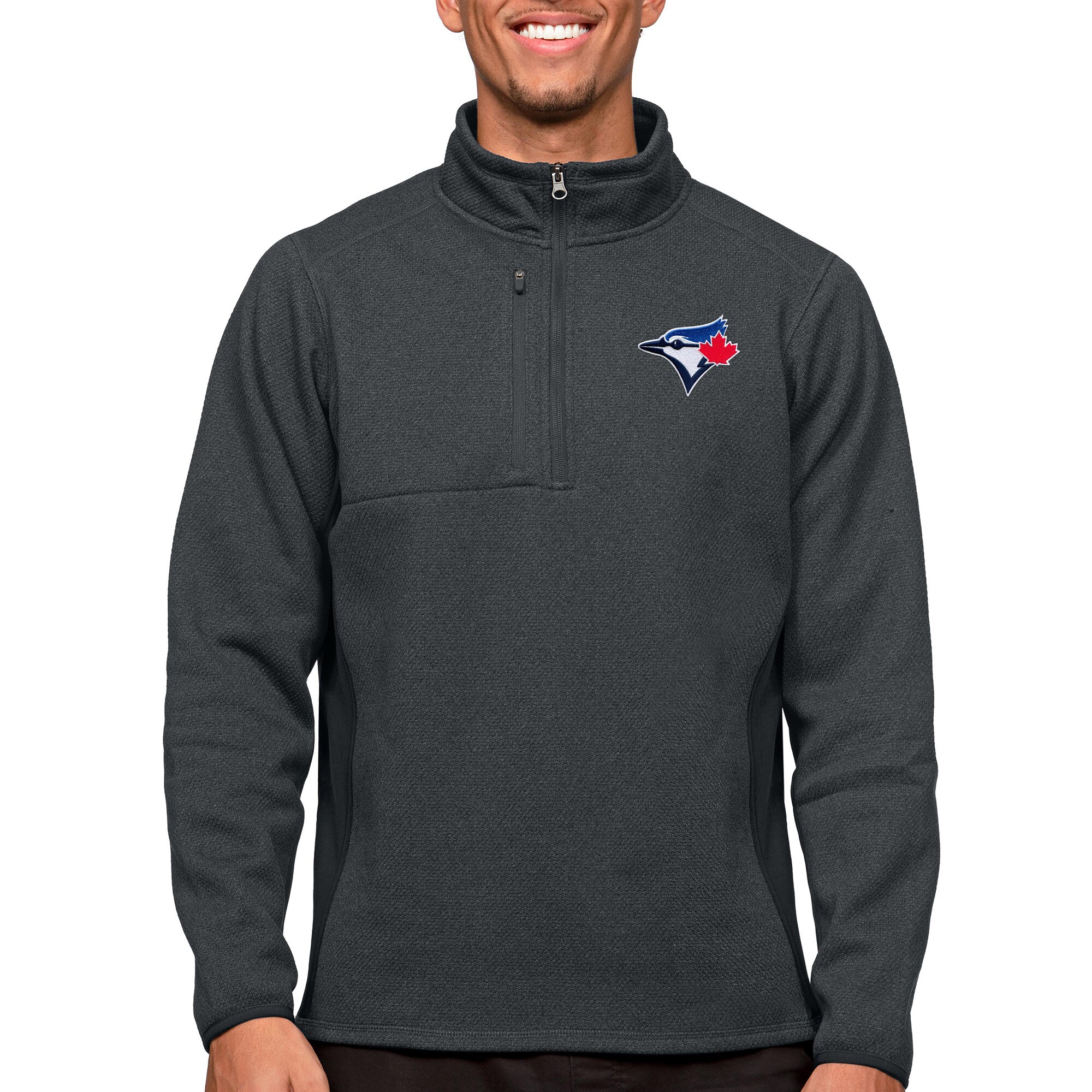 Men's Toronto Blue Jays Antigua Heathered Charcoal Course Quarter-Zip Pullover Top