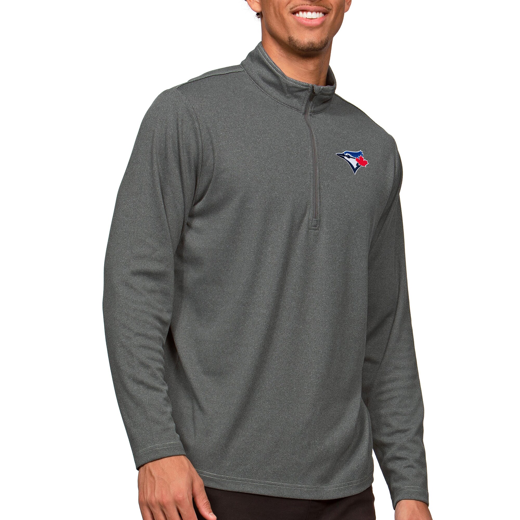 Men's Toronto Blue Jays Antigua Heathered Charcoal Epic Quarter-Zip Pullover Top
