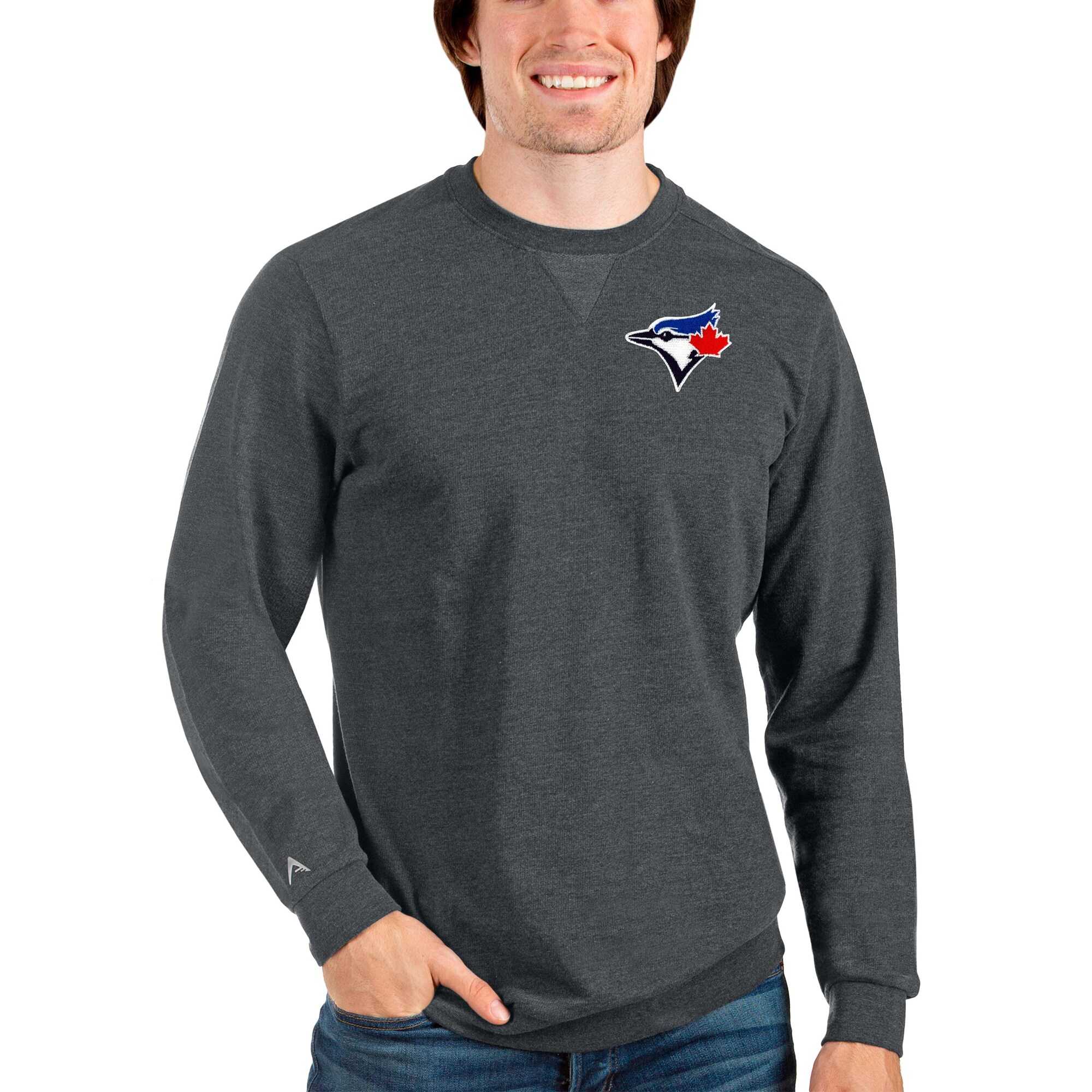 Men's Toronto Blue Jays Antigua Heathered Charcoal Reward Crewneck Pullover Sweatshirt