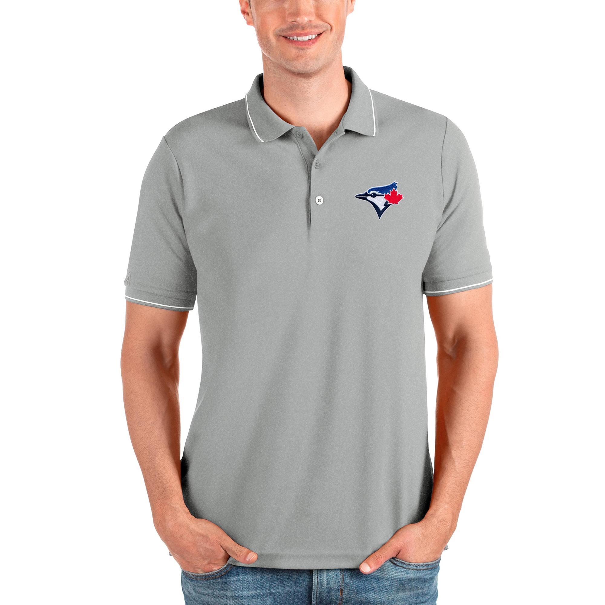 Men's Toronto Blue Jays Antigua Heathered Gray Affluent Polo
