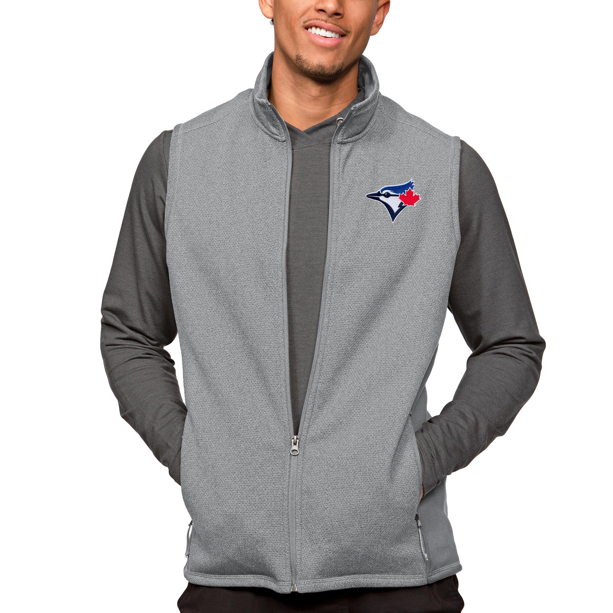 Men's Toronto Blue Jays Antigua Heathered Gray Course Full-Zip Vest