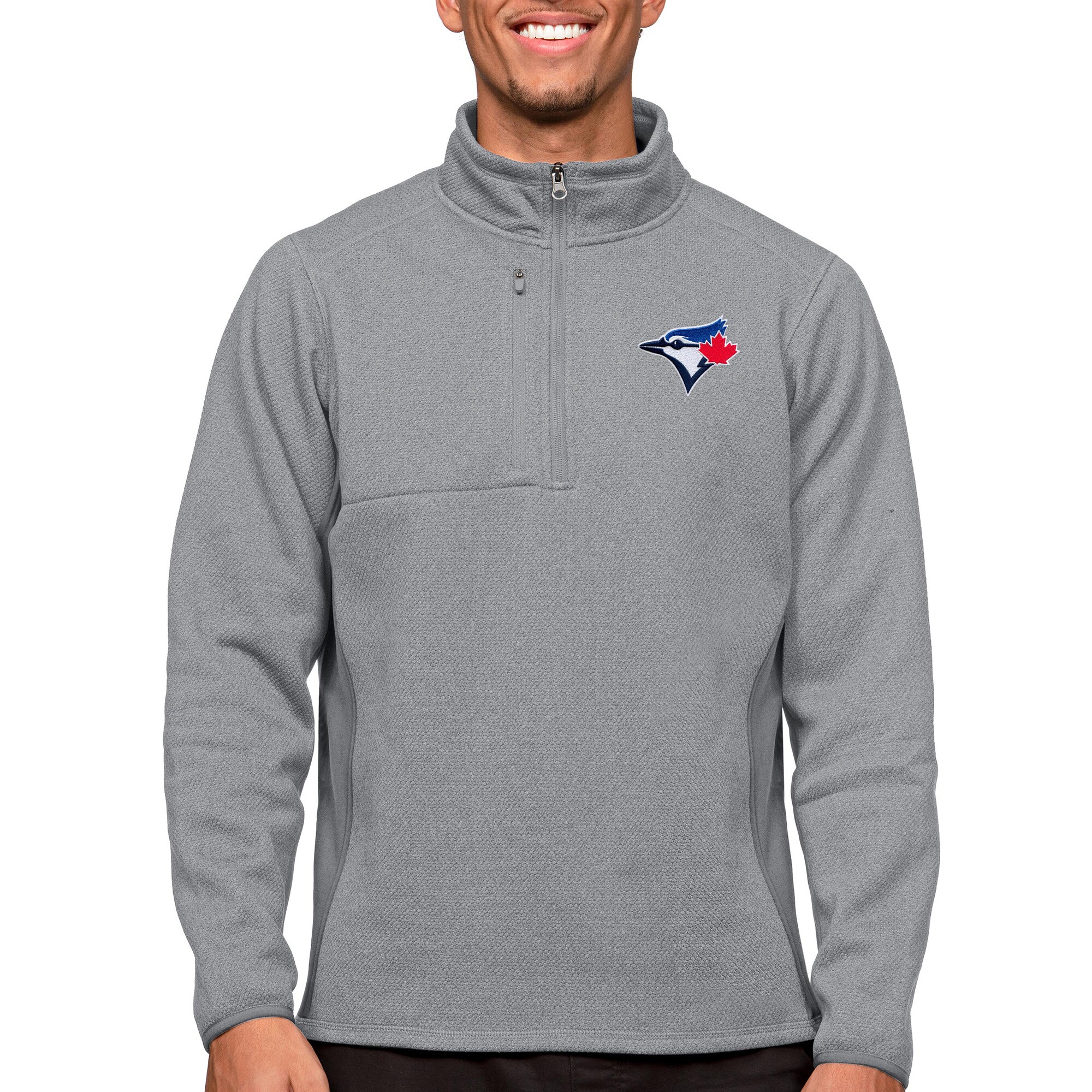 Men's Toronto Blue Jays Antigua Heathered Gray Course Quarter-Zip Pullover Top