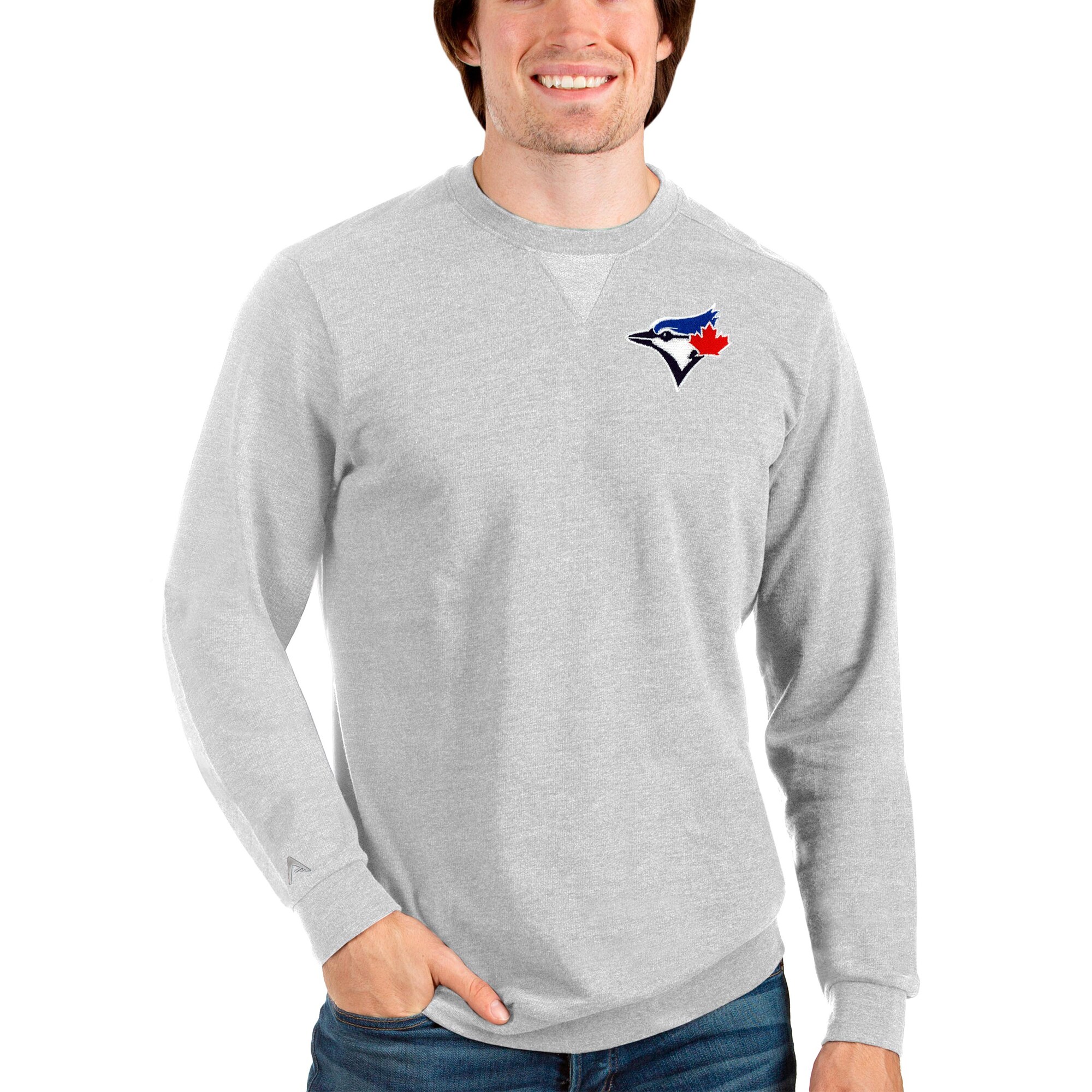 Men's Toronto Blue Jays Antigua Heathered Gray Reward Crewneck Pullover Sweatshirt
