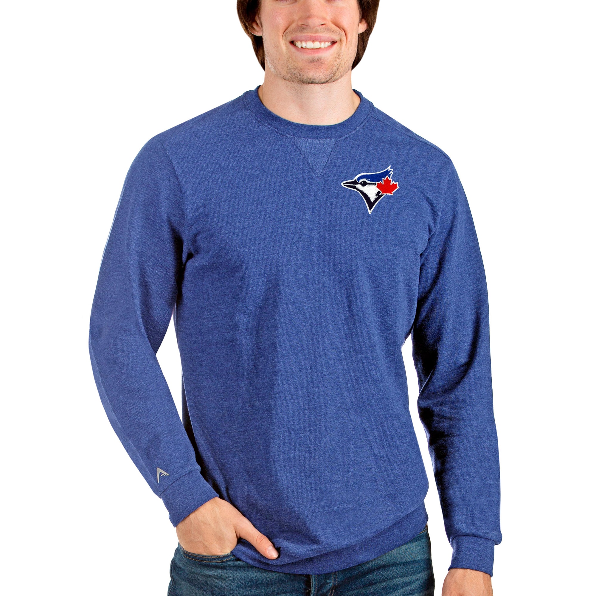 Men's Toronto Blue Jays Antigua Heathered Royal Reward Crewneck Pullover Sweatshirt