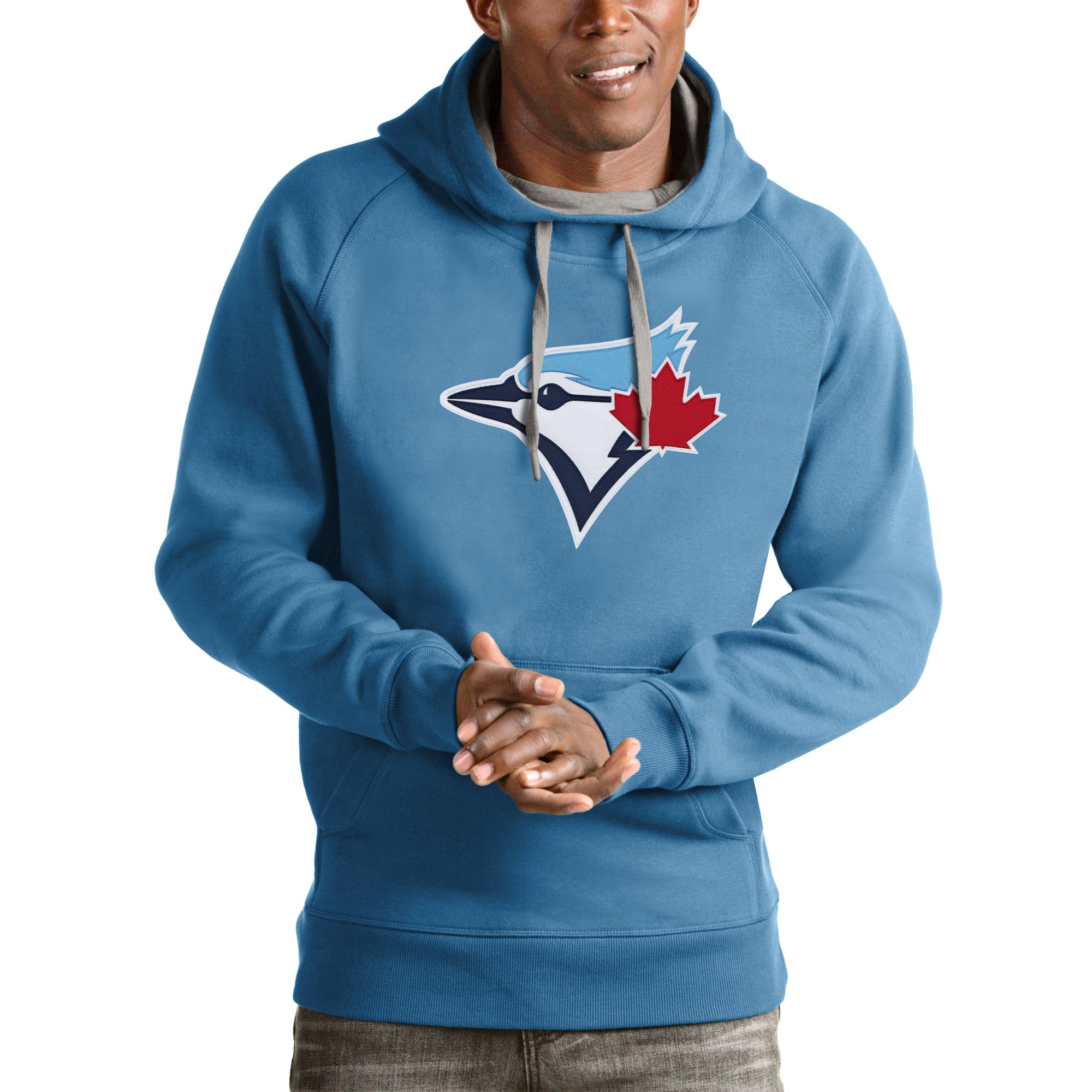 Men's Toronto Blue Jays Antigua Light Blue Victory Pullover Team Logo Hoodie