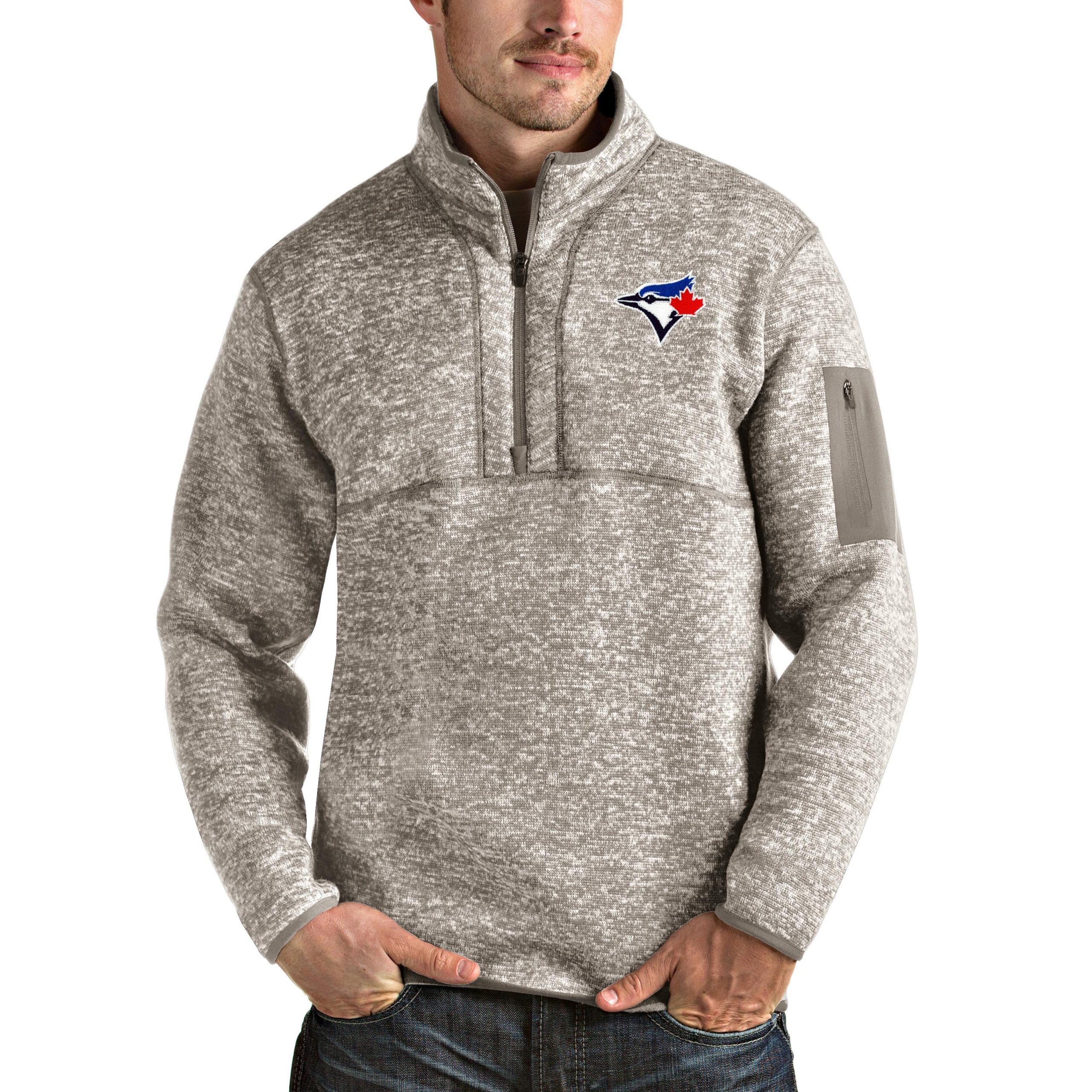 Men's Toronto Blue Jays Antigua Oatmeal Fortune Quarter-Zip Pullover Jacket