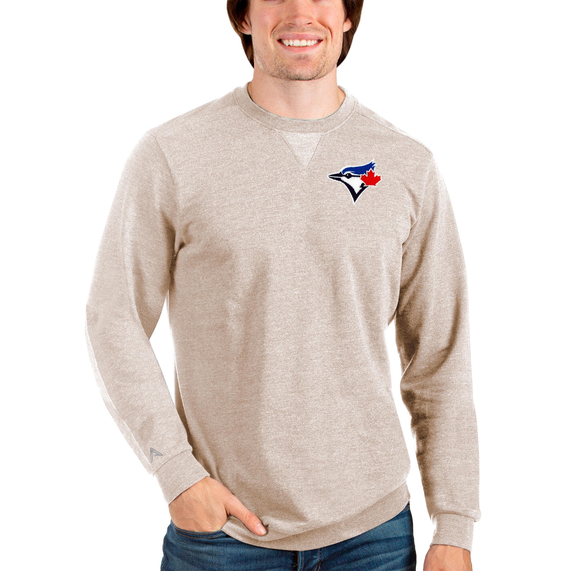 Men's Toronto Blue Jays Antigua Oatmeal Reward Crewneck Pullover Sweatshirt