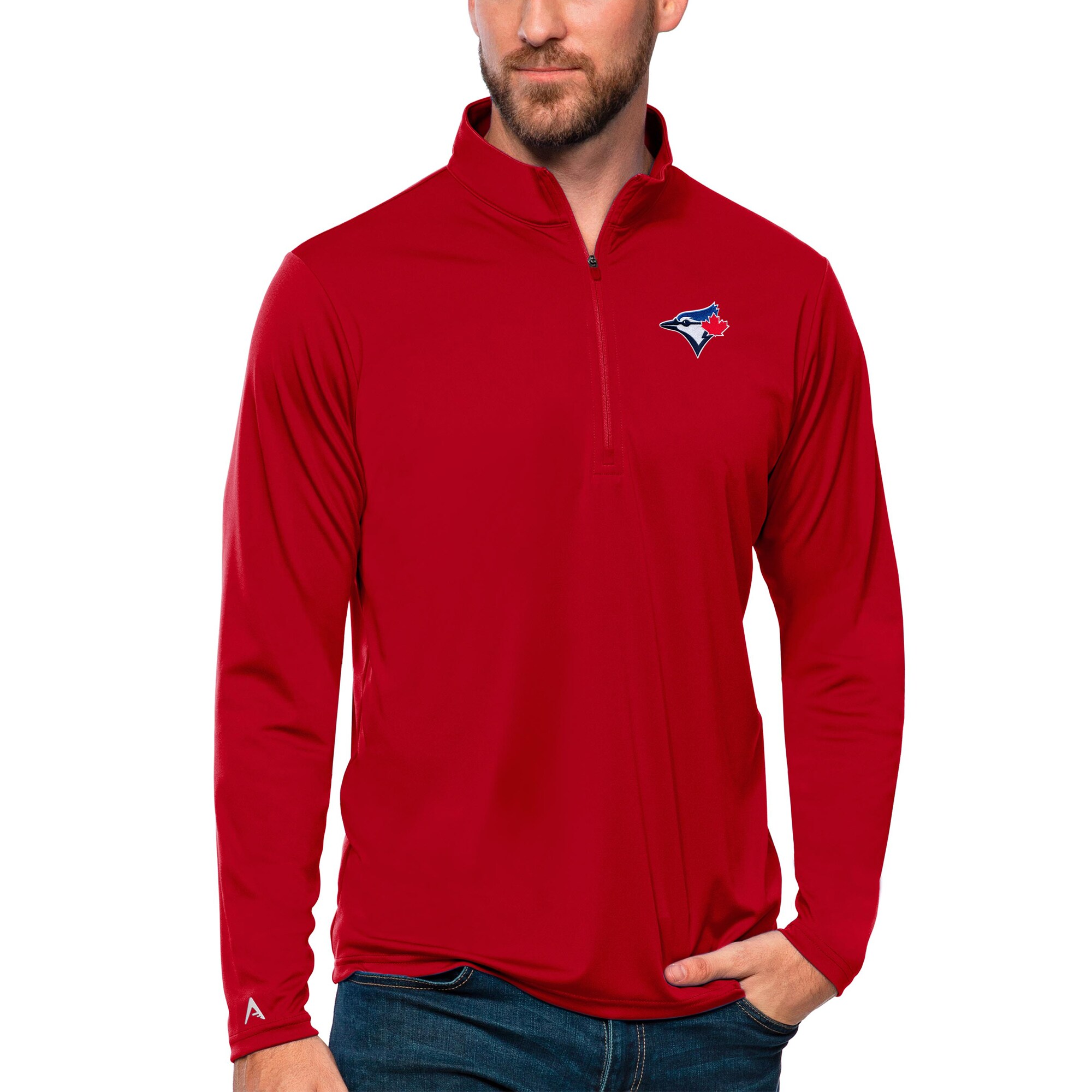 Men's Toronto Blue Jays Antigua Red Tribute Quarter-Zip Pullover Top