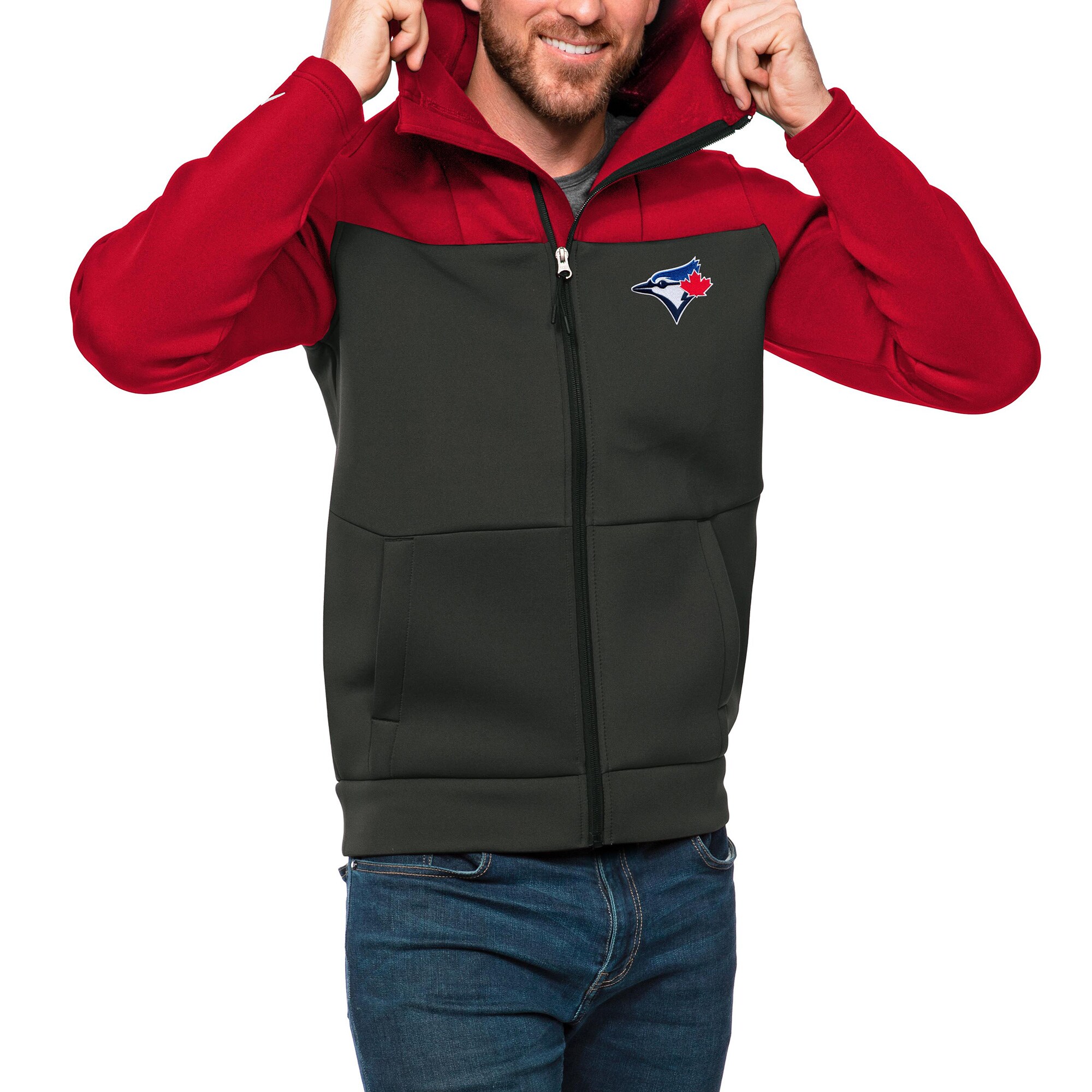 Men's Toronto Blue Jays Antigua Red/Charcoal Protect Full-Zip Hoodie