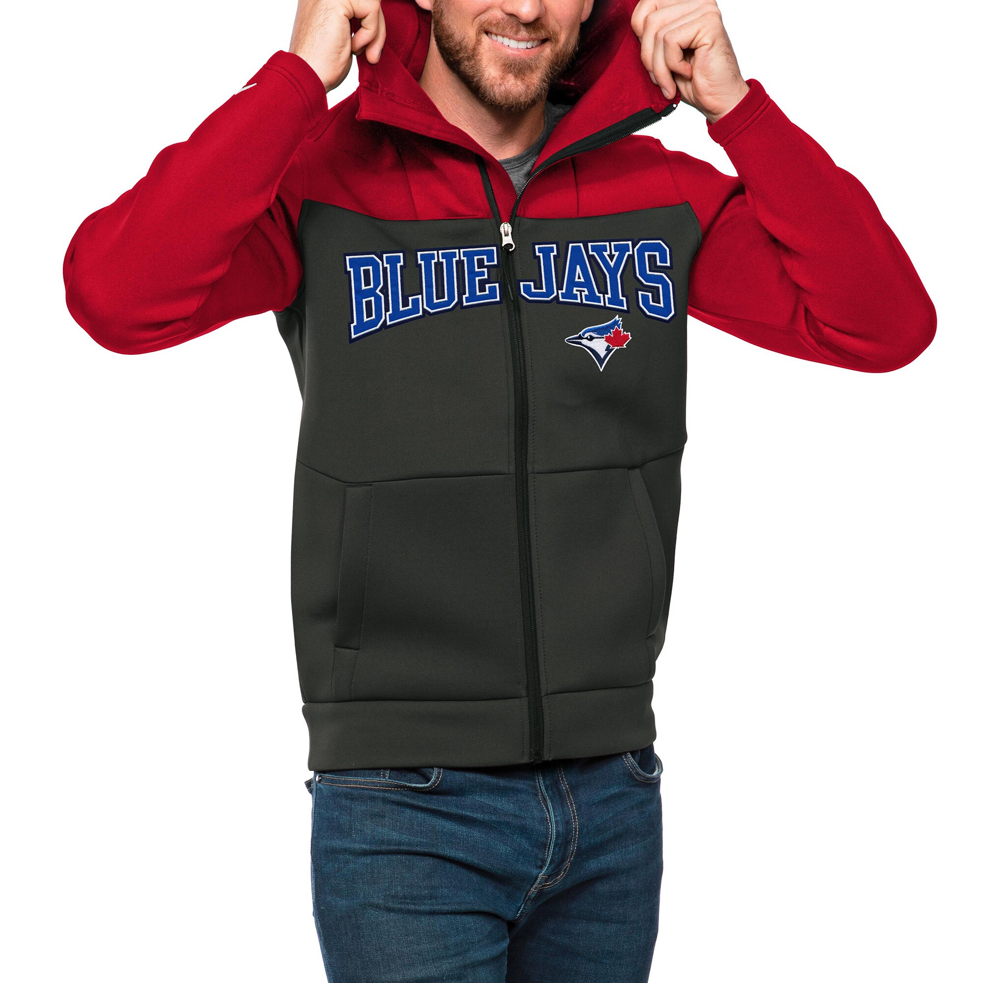 Men's Toronto Blue Jays Antigua Red/Charcoal Wordmark Protect Full-Zip Hoodie