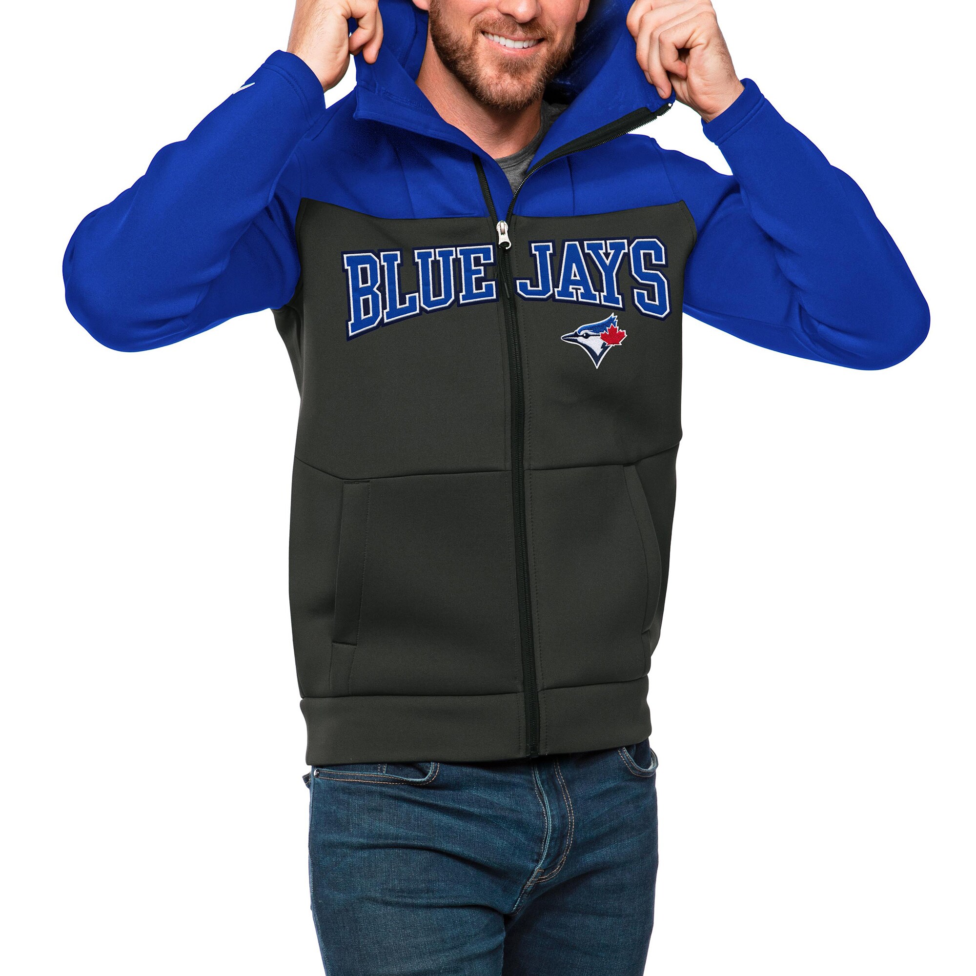 Men's Toronto Blue Jays Antigua Royal/Charcoal Wordmark Protect Full-Zip Hoodie