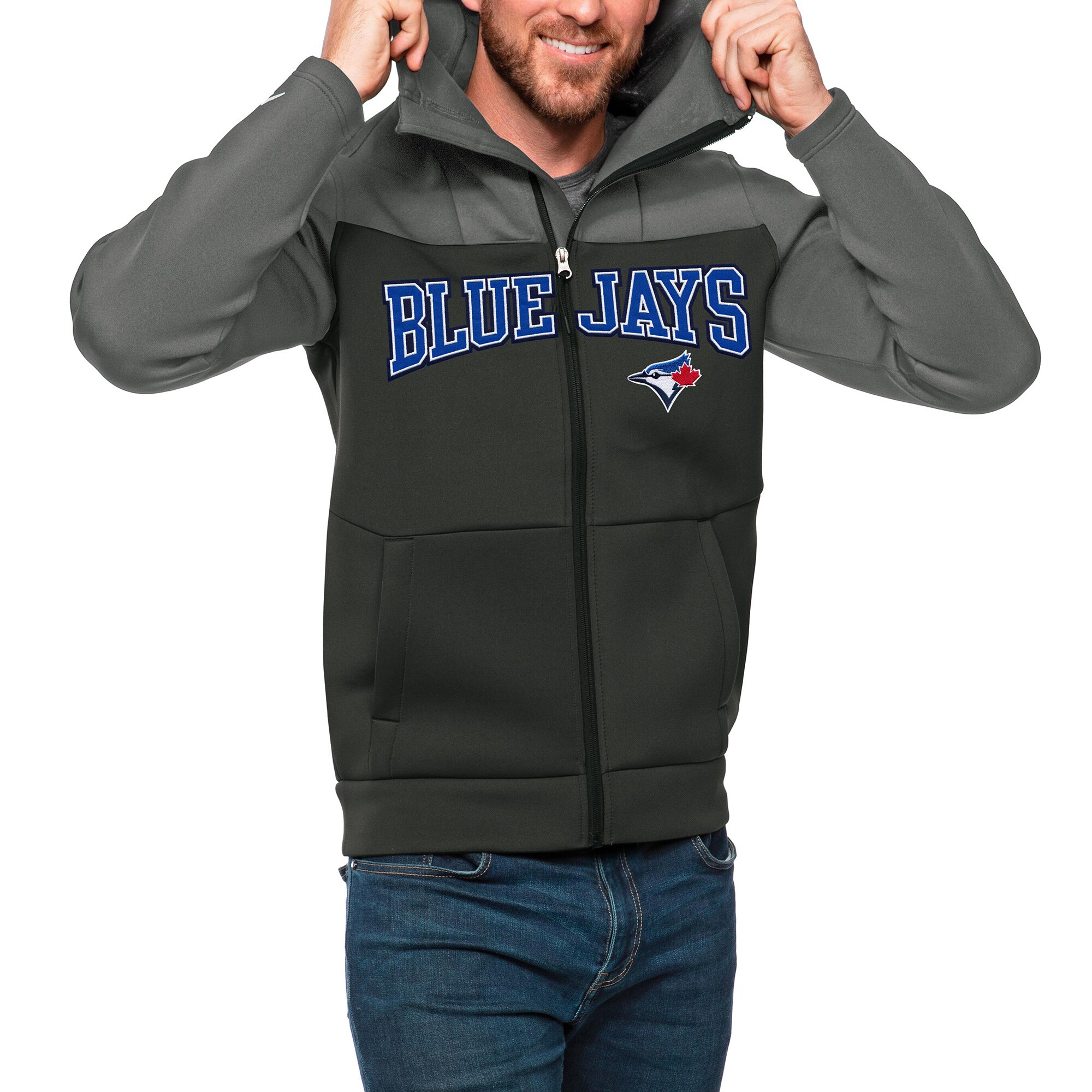Men's Toronto Blue Jays Antigua Steel/Charcoal Wordmark Protect Full-Zip Hoodie