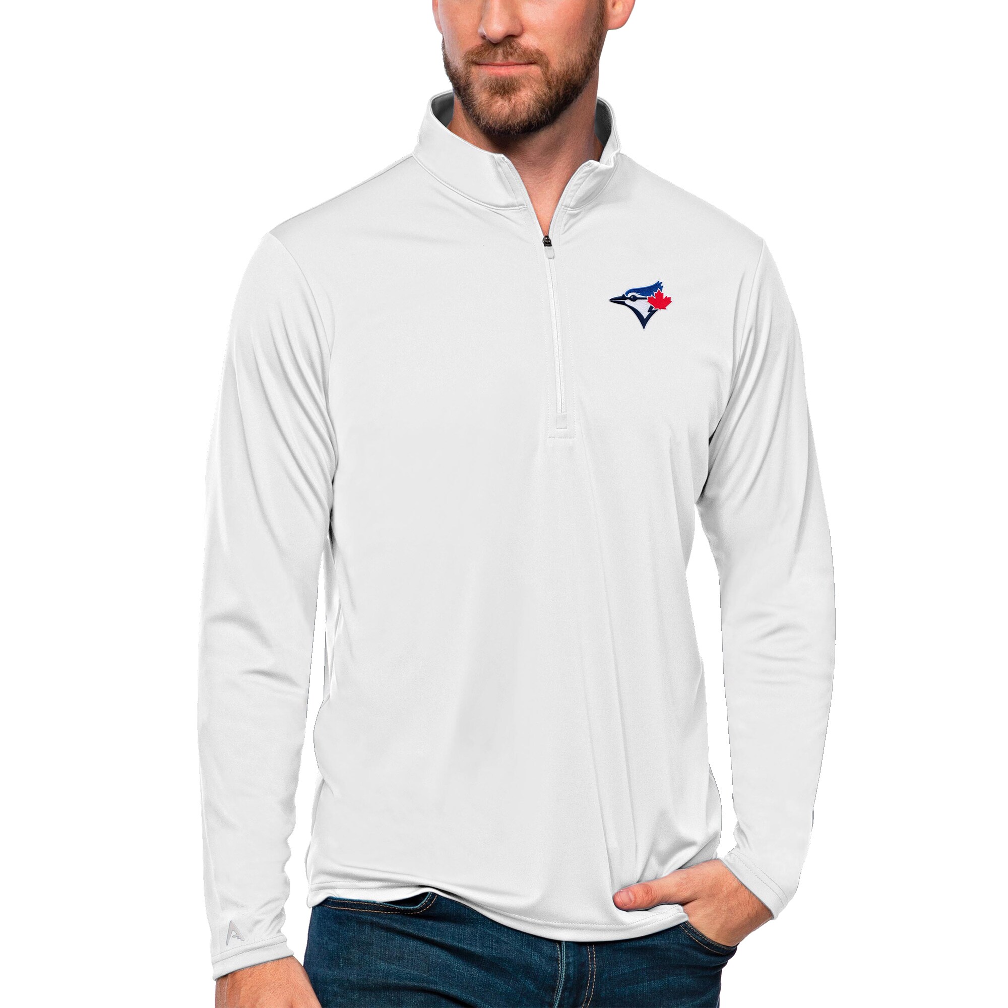 Men's Toronto Blue Jays Antigua White Tribute Quarter-Zip Pullover Top
