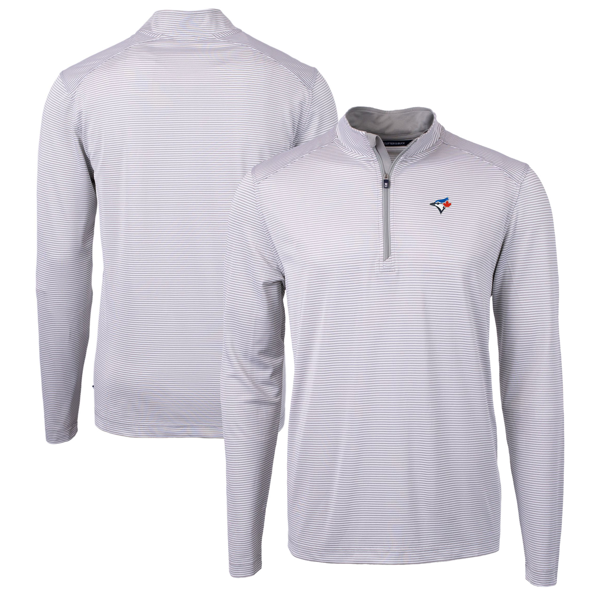 Men's Toronto Blue Jays Cutter & Buck Gray/White Virtue Eco Pique Micro Stripe Big & Tall Recycled Quarter-Zip Pullover Top