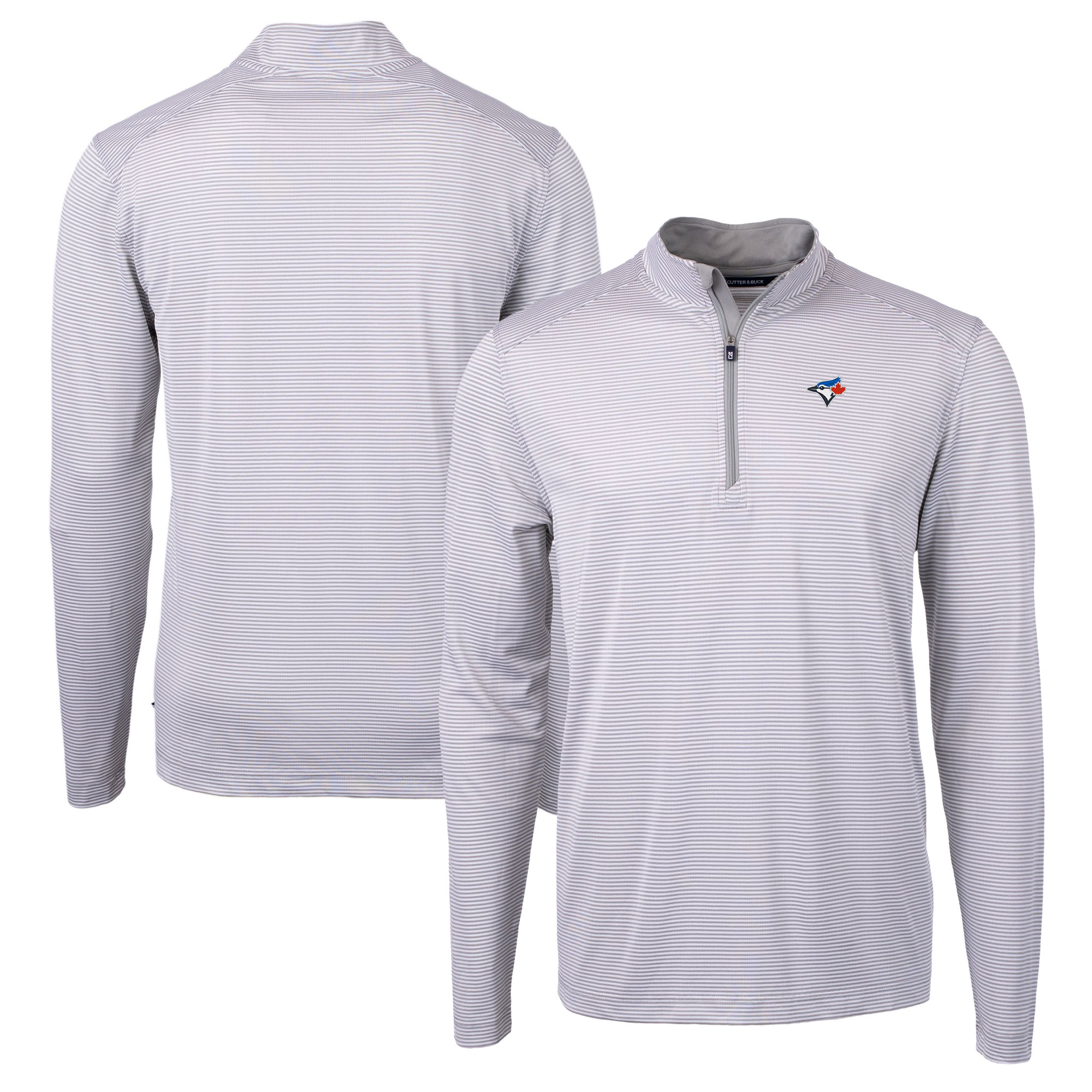 Men's Toronto Blue Jays Cutter & Buck Gray/White Virtue Eco Pique Micro Stripe Recycled Quarter-Zip Pullover Top