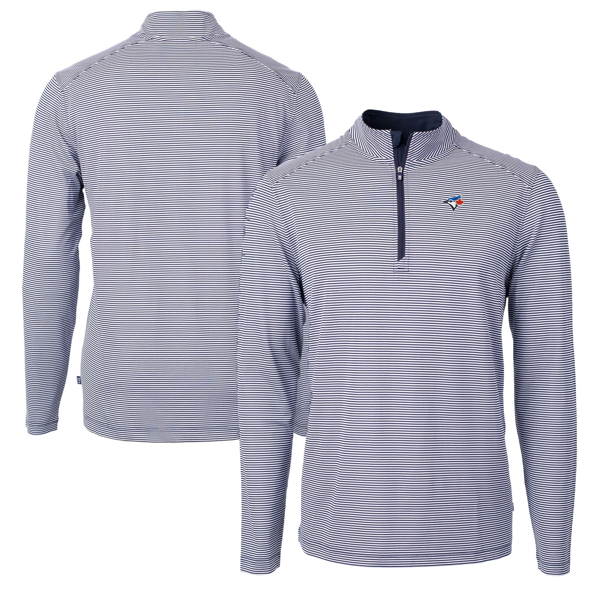 Men's Toronto Blue Jays Cutter & Buck Navy/White Virtue Eco Pique Micro Stripe Recycled Quarter-Zip Pullover Top