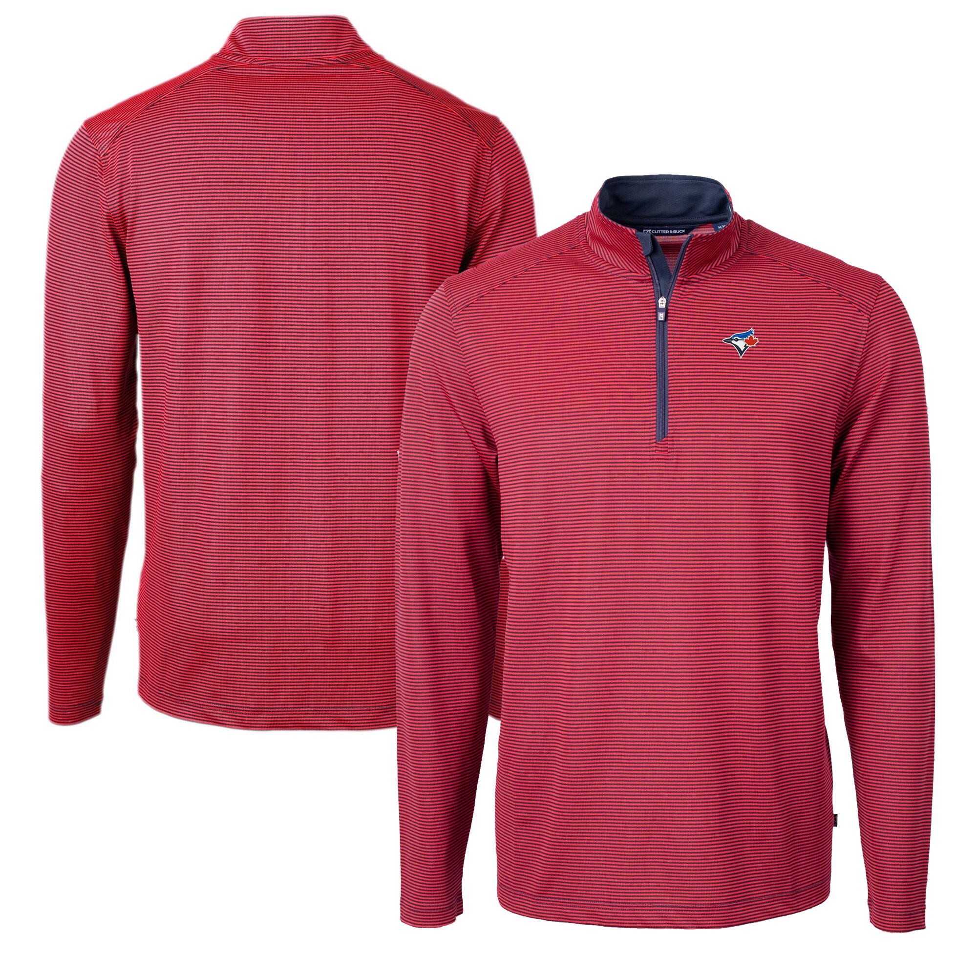 Men's Toronto Blue Jays Cutter & Buck Red/Navy Virtue Eco Pique Micro Stripe Recycled Quarter-Zip Pullover Top